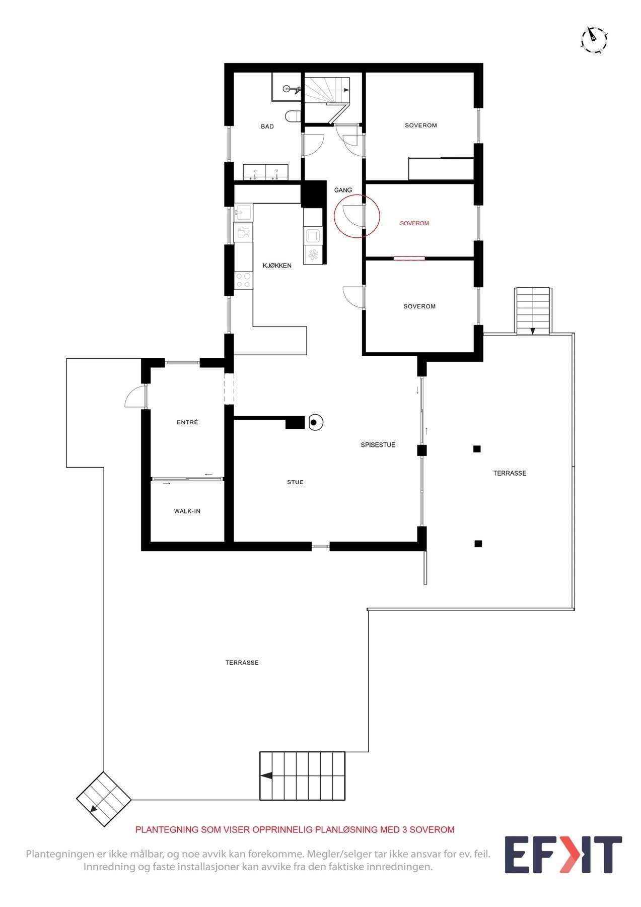 Plantegning som viser boligen med 3 soverom. Galleribilde