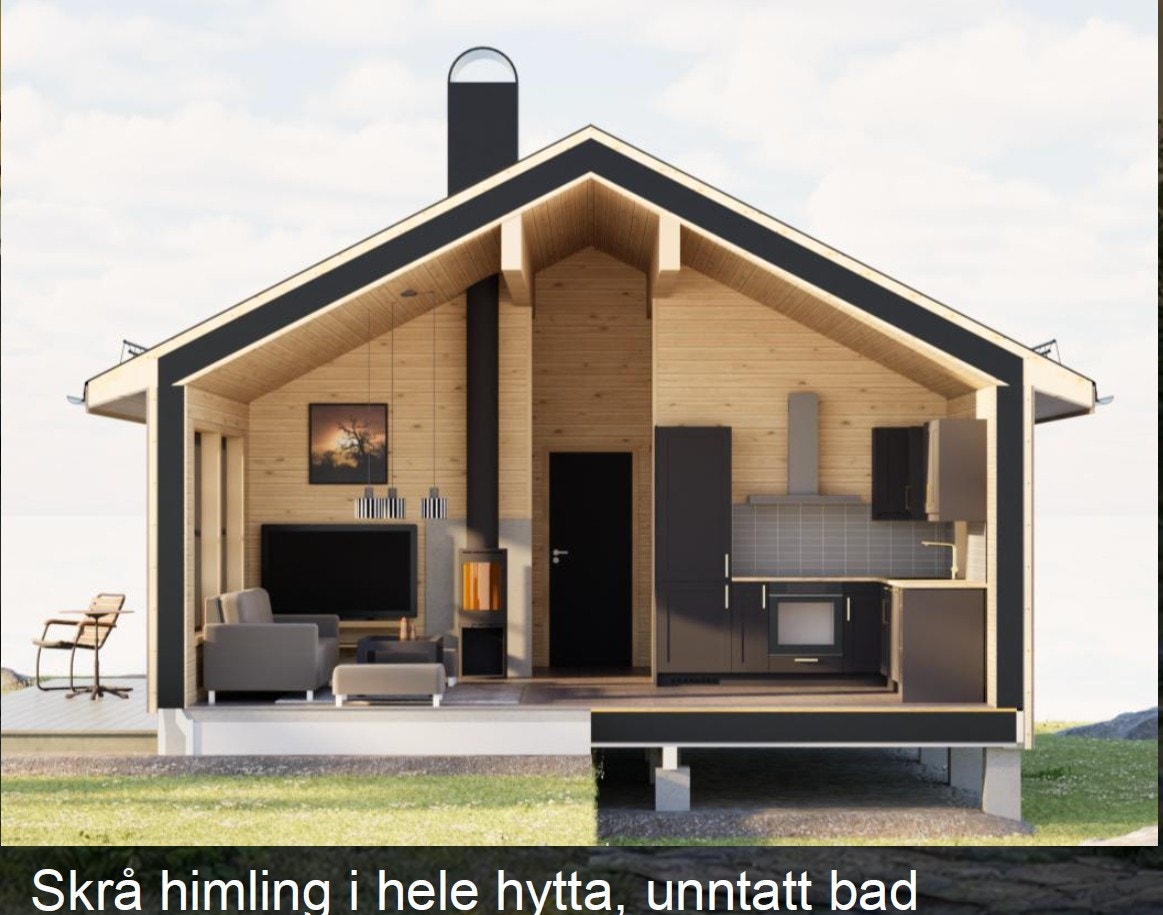 Skrå himling i alle rom, med unntak av badet. Galleribilde