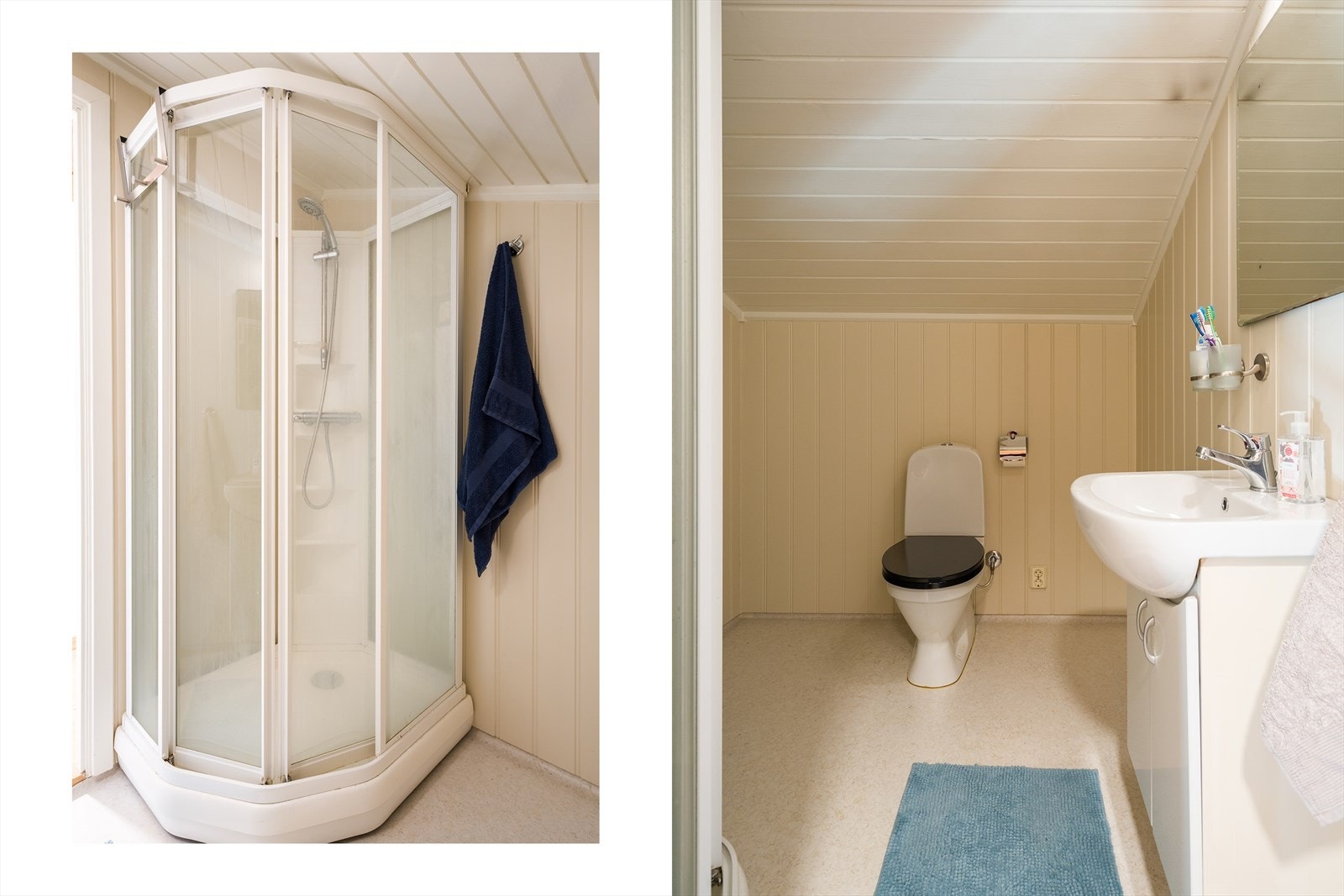 Bad i loftsetasjen er utstyrt med dusjkabinett, tolaett og vask. Galleribilde