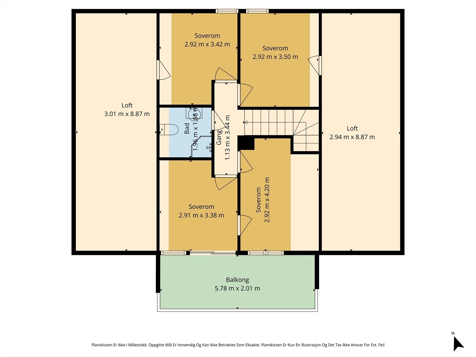 Loftsetasjen består av bad, to soverom og to som som i dag er innredet som soverom/trimrom. De øvrige to rommene er på godkjente byggetegninger ikke godkjent som soverom og betegnet som "hems". Galleribilde