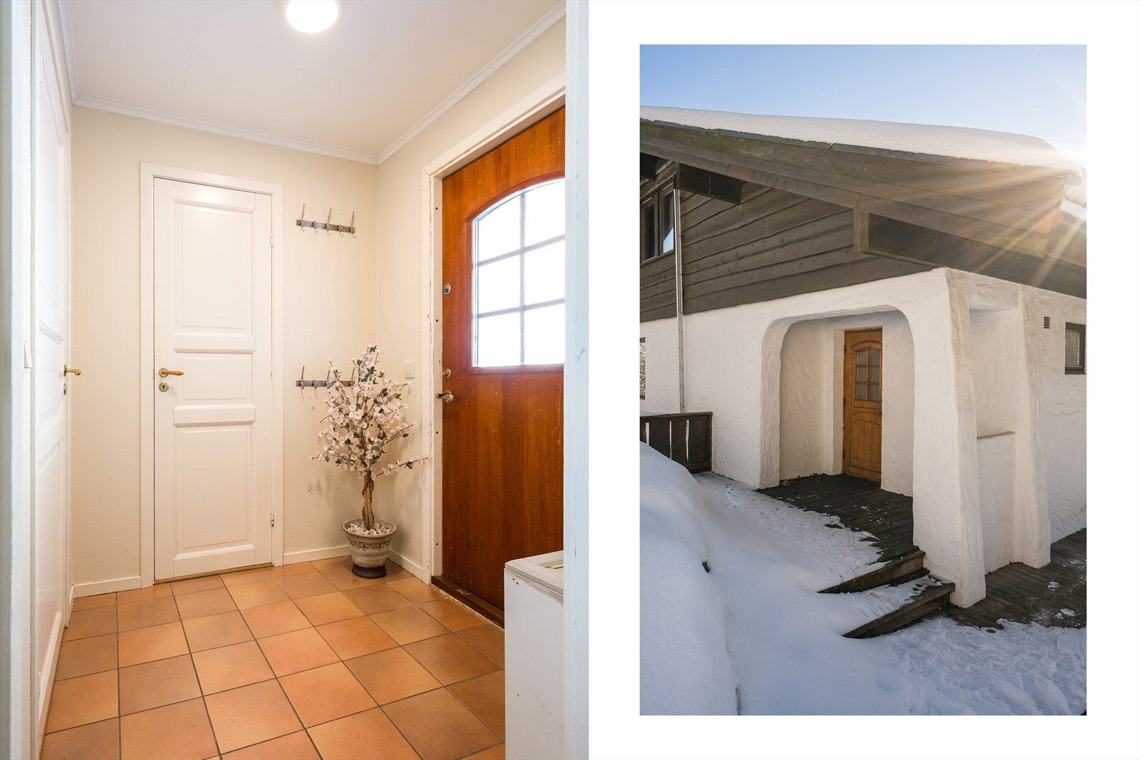 Du har to innganger i boligen en på forsiden og en på baksiden. Når du kommer inn hovedinngangen til hoveddelen blir du møtt av en flislagt entré og adkosmt til vaskerom. Galleribilde