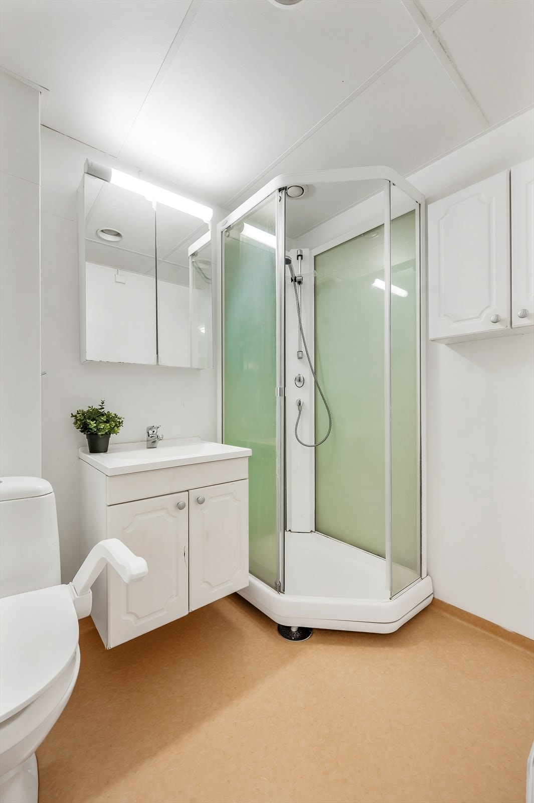 Bad med toalett, servant, speilskap og dusjkabinett. Galleribilde