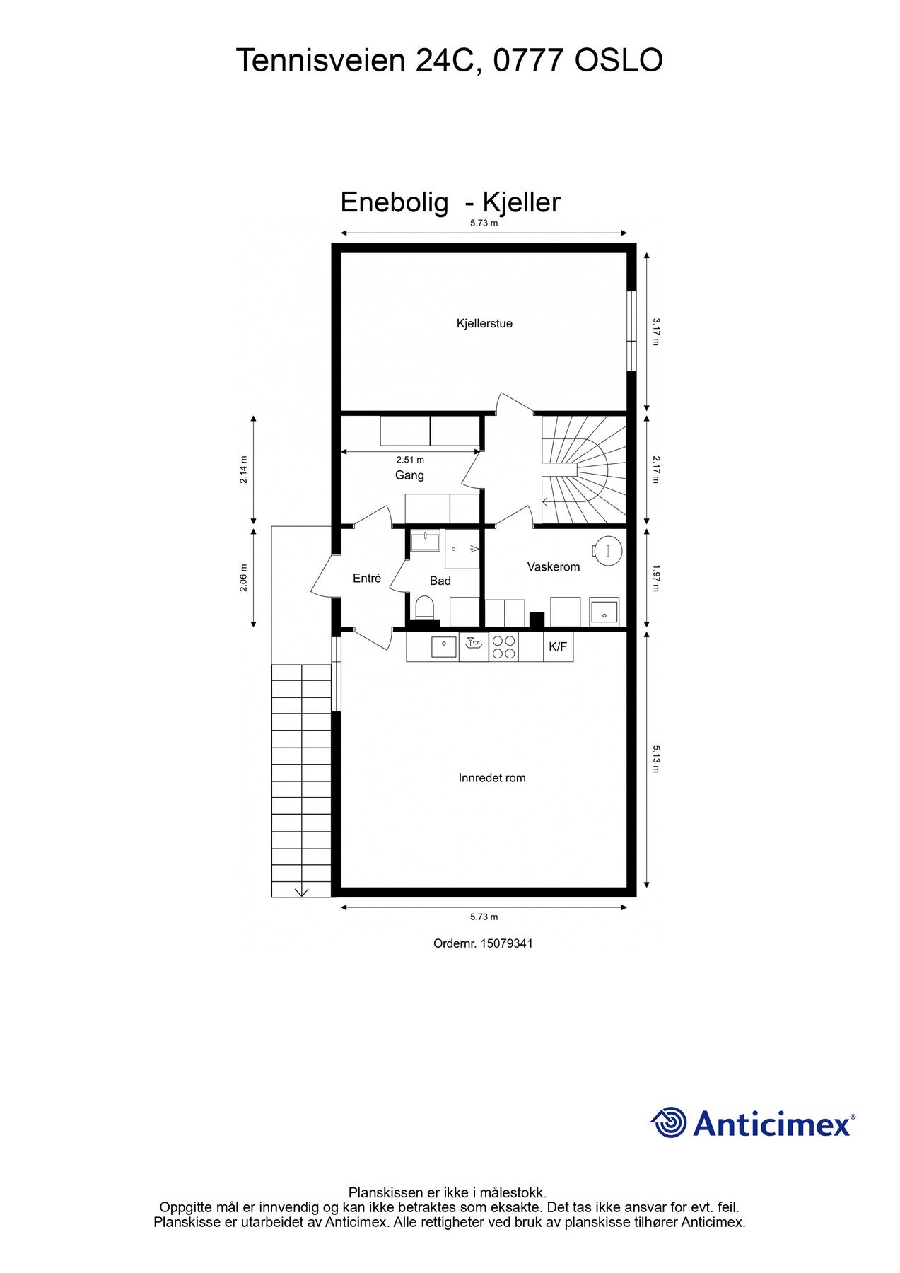 Plantegning kjeller. BRA-i 73 m²: Entré, innredet rom, bad, vaskerom, ganger og kjellerstue. Galleribilde