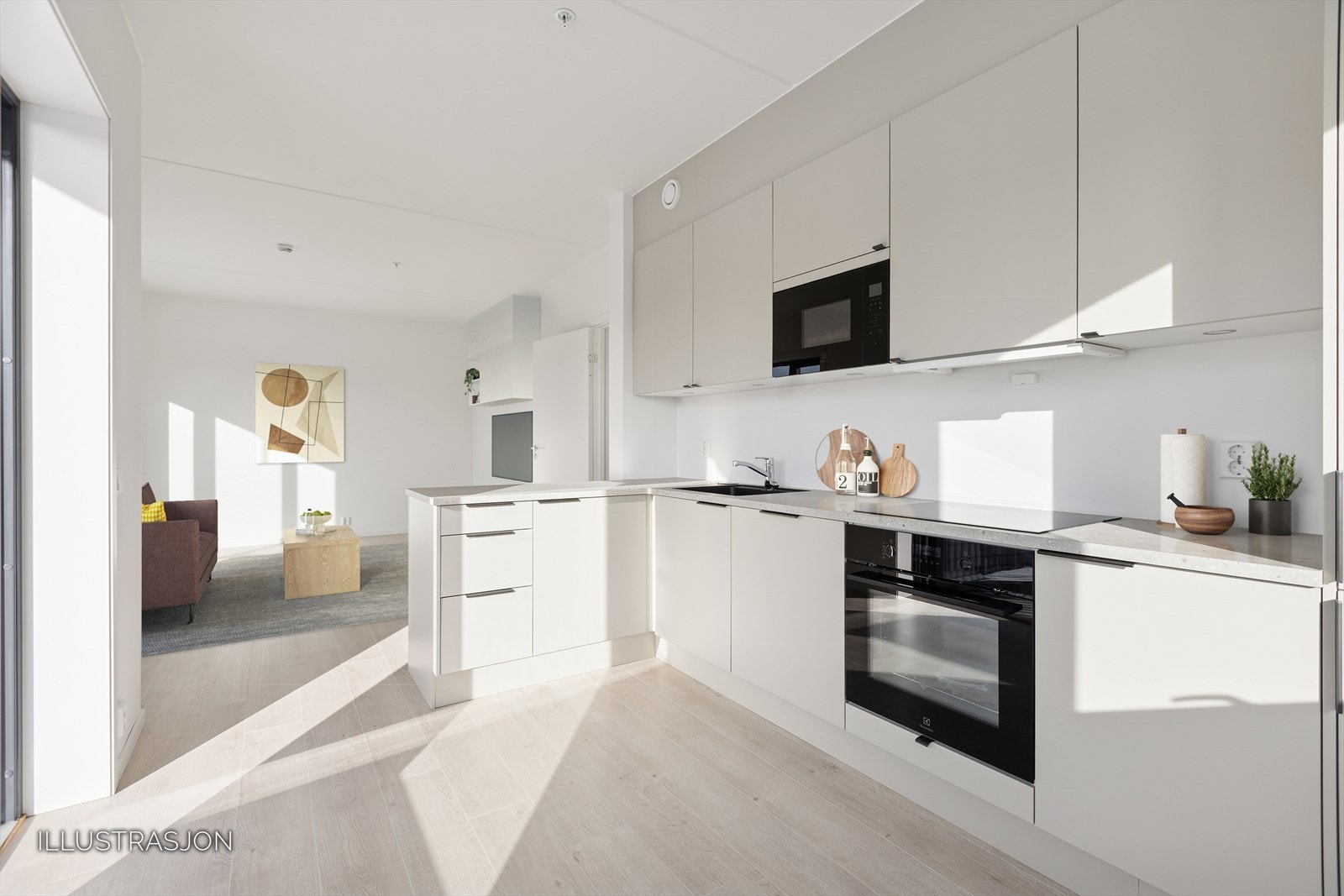 Åpen stue- og kjøkkenløsning med benkeskap som naturlig skille. Galleribilde