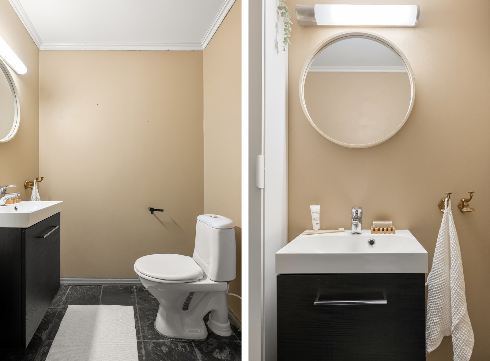 Toalettrommet er fliselagt på gulv og innredet med toalett og baderomsinnredning - praktisk plassert i hovedetasjen. Galleribilde