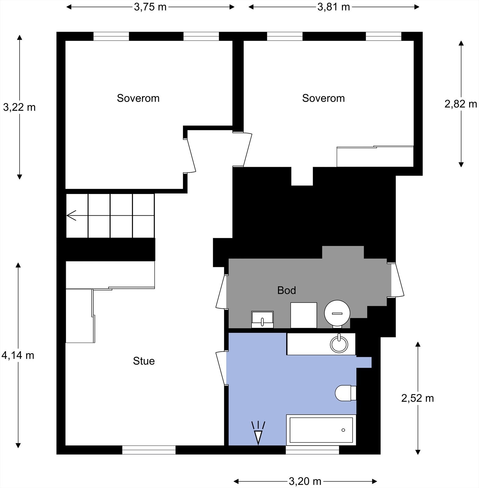 Underetasjen inneholder trapperom, bad, bod, stue og 2 soverom. I tillegg disponerer leiligheten en kjellerbod. Galleribilde