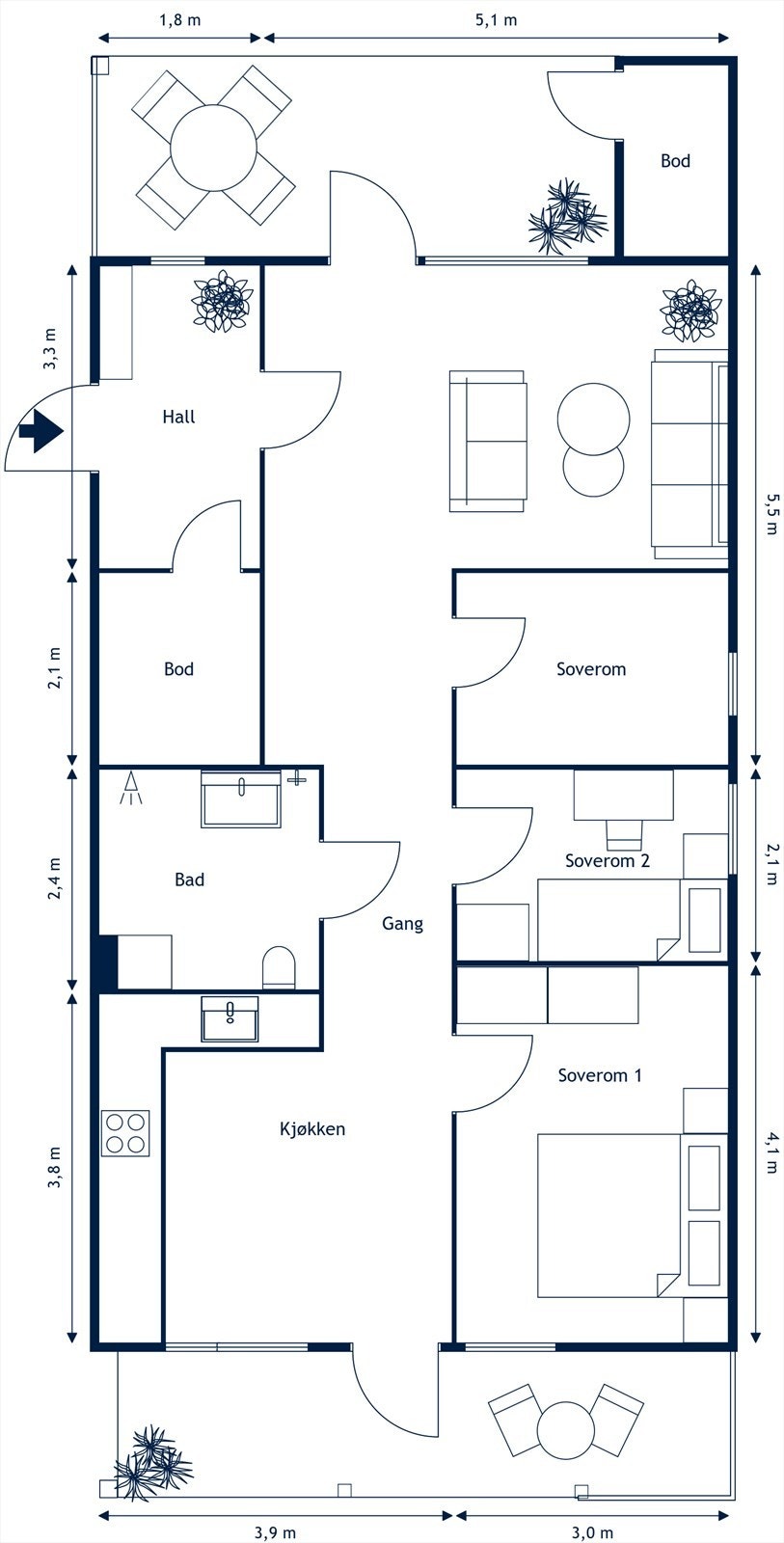 Alternativ planløsning med 3 soverom. Galleribilde