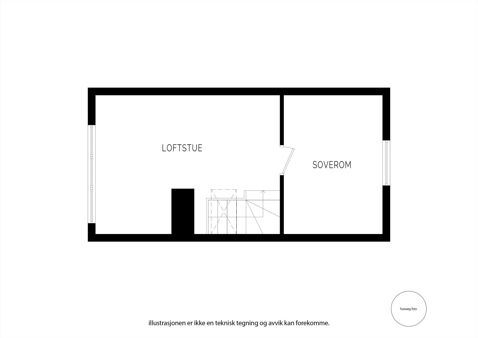 Plantegning 2. etasje. Det foreligger ikke tegning av loftetasje. Megler har derfor ikke kunnet kontrollere dagens bruk av rom/fasader/vinduer opp mot lovlig godkjent bruk. Galleribilde