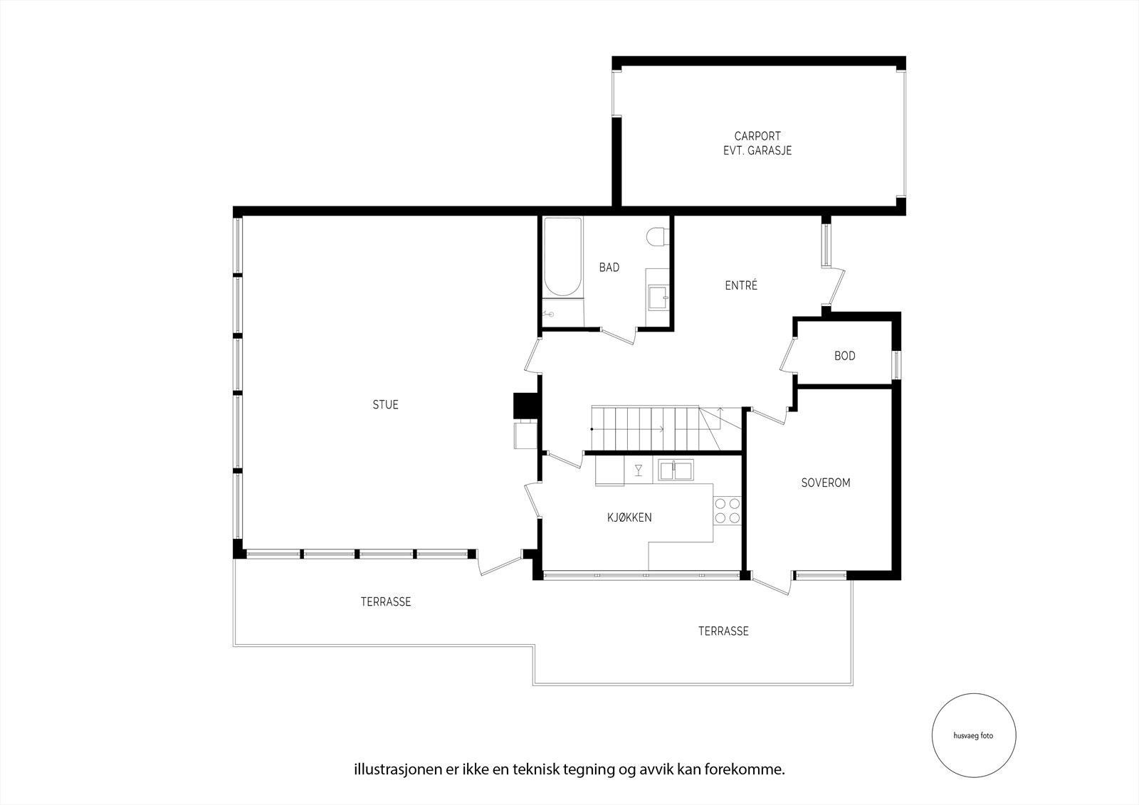 Plantegning 1. etasje. Opprinnelig var entrè et soverom og boden en entrè. Man kan naturligvis tilbakeføre dette om ønskelig. (se tegninger vedlagt i salgsoppgaven ) Galleribilde