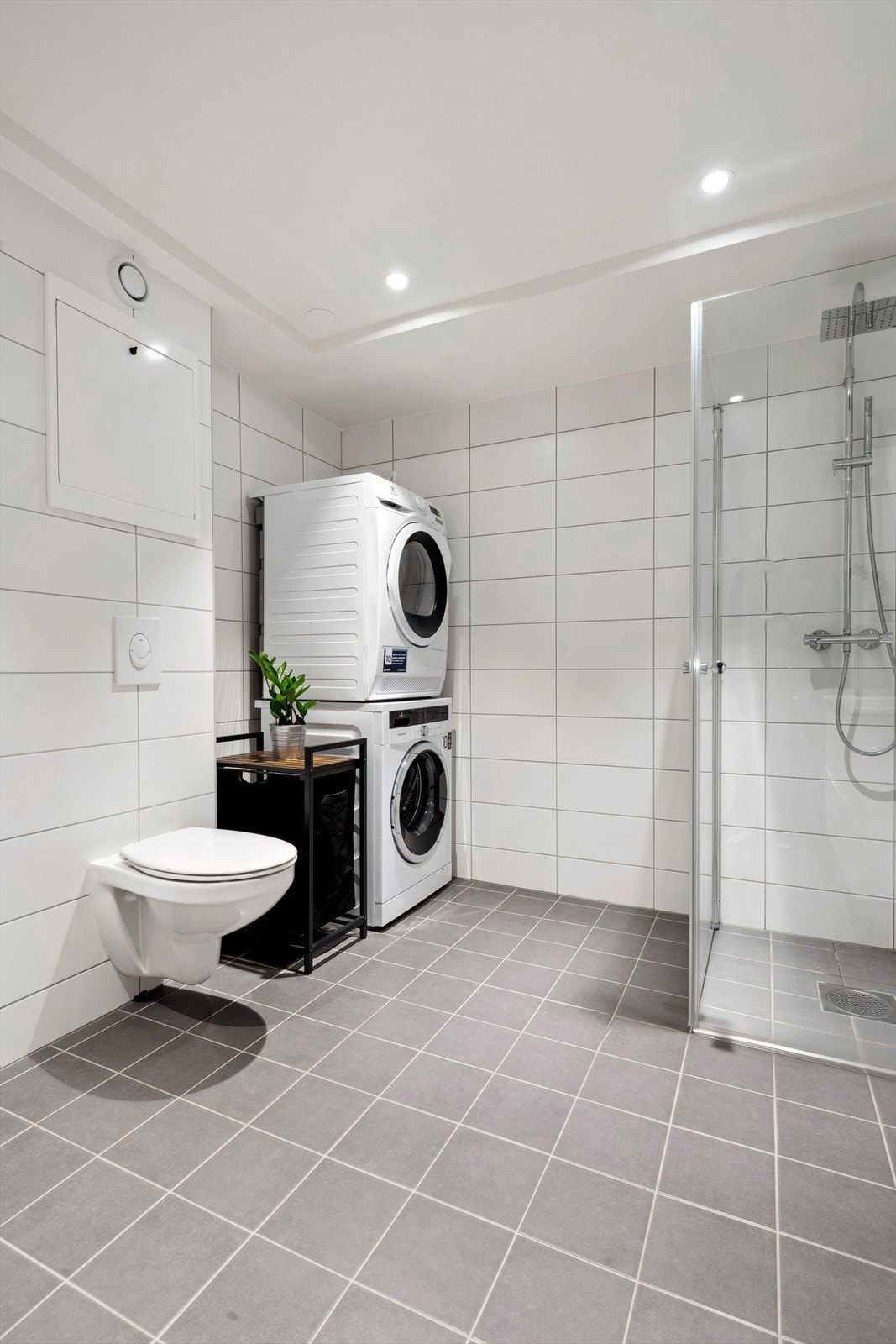 Her er det vegghengt toalett og praktisk opplegg for vaskesøyle. Galleribilde