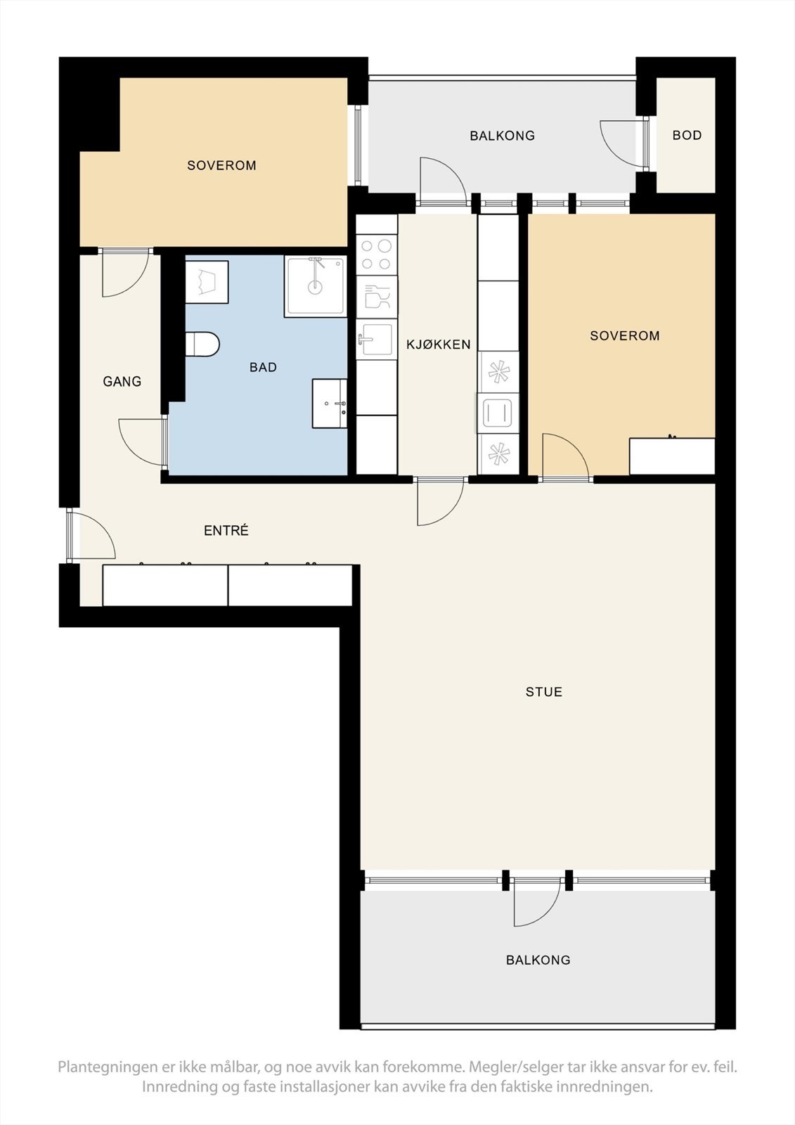 Leiligheten har en arealeffektiv planløsning på 78 m² med to soverom og to uteplasser. Galleribilde