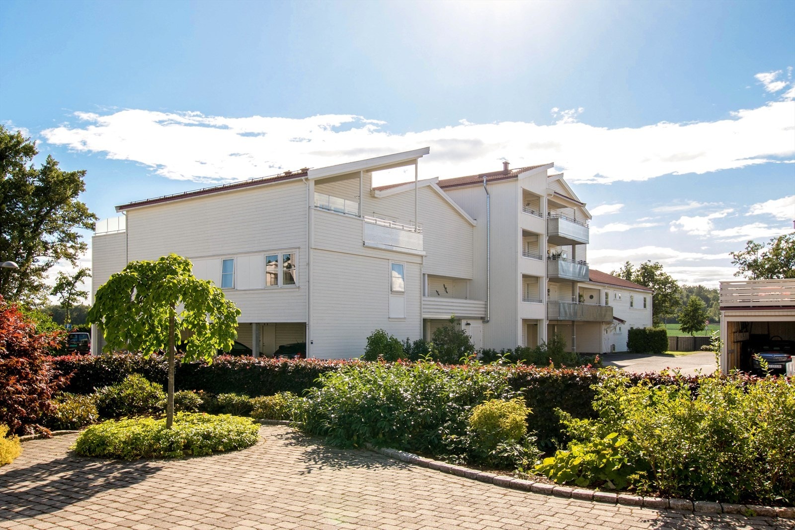 Pent opparbeidede fellesarealer med grøntområder, beplantning og asfaltert vei. Galleribilde