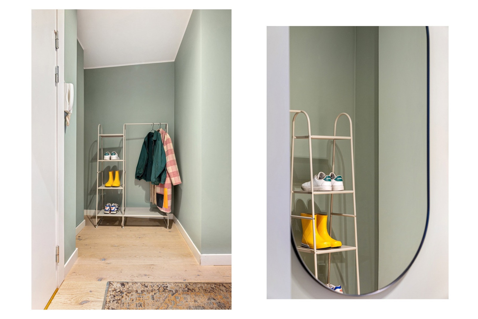 Her er det god plass til både å sette fra seg sko og henge av yttertøy, noe som gir et ryddig og funksjonelt førsteinntrykk. Galleribilde