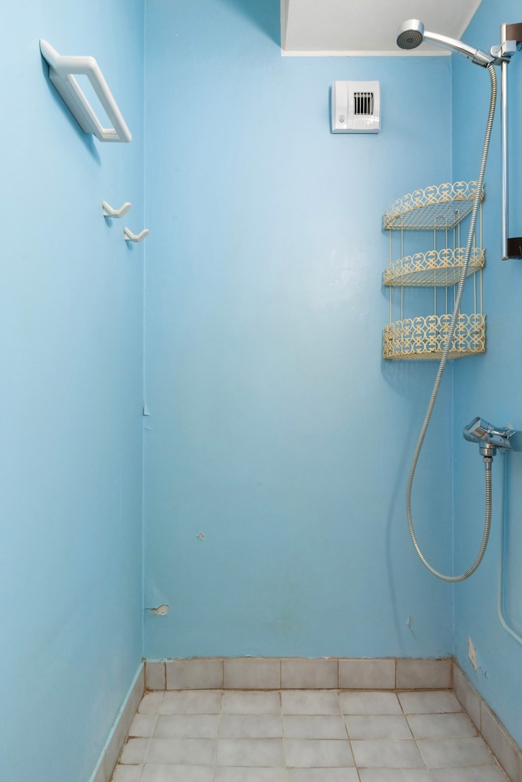 Dusjnisje på bad, med vegghengt dusj. Galleribilde