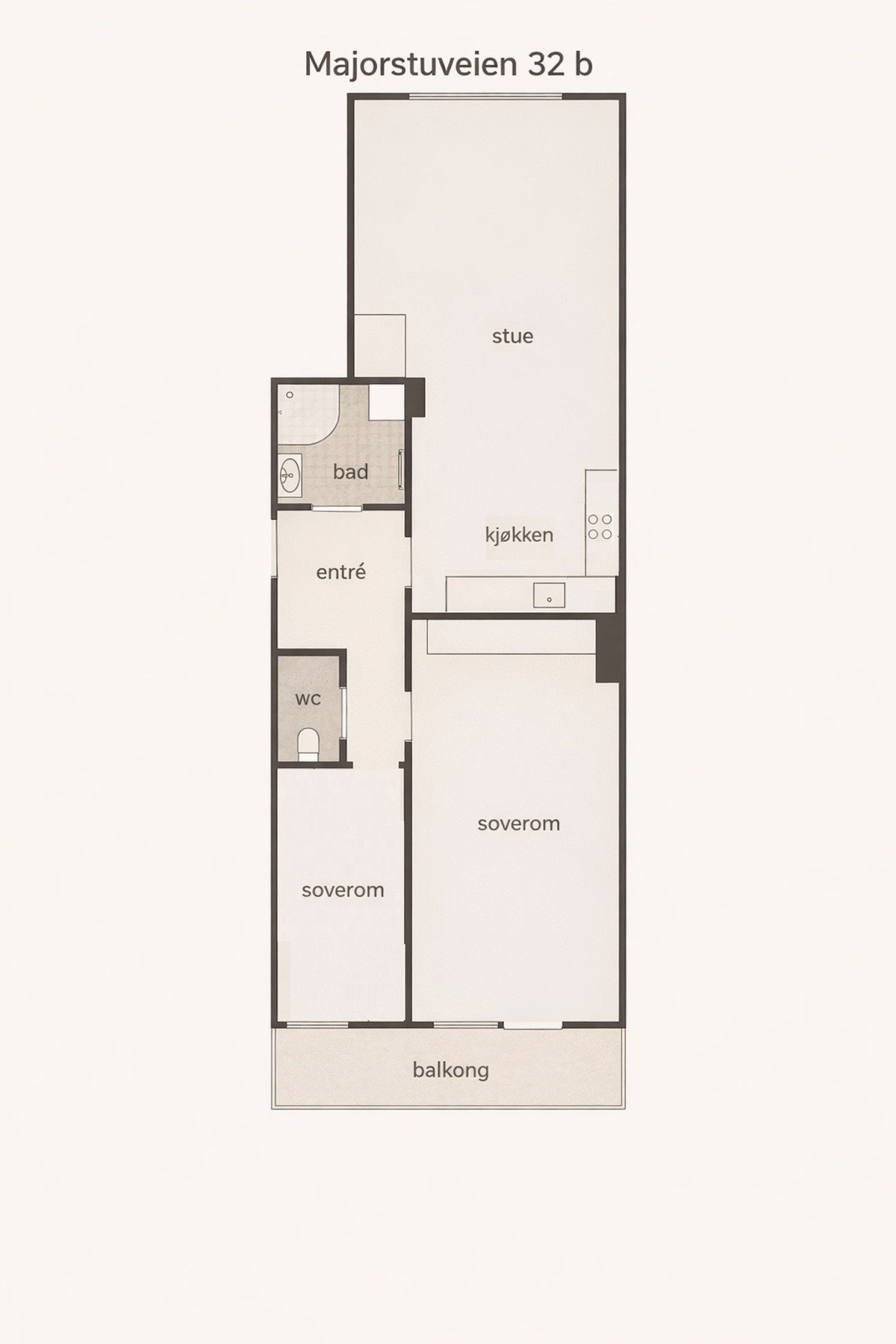 Dersom du har behov for et soverom nr. 2, kan kjøkkenet eksempelvis flyttes ut i stuen. En slik løsning vil trolig kreve en pumpeløsning. Plantegningen er kun ment som inspirasjon, og det er den enkeltes ansvar å undersøke om, og eventuelt hvordan, løsnin Galleribilde