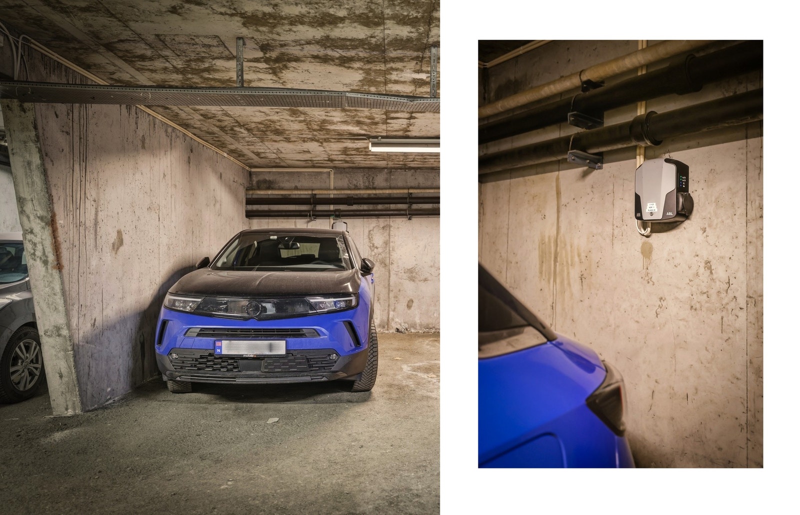 Garasjeplass i lukket anlegg med egen elbil-ladestasjon (Defa). Gjesteparkering på oppmerkede plasser utendørs. Galleribilde