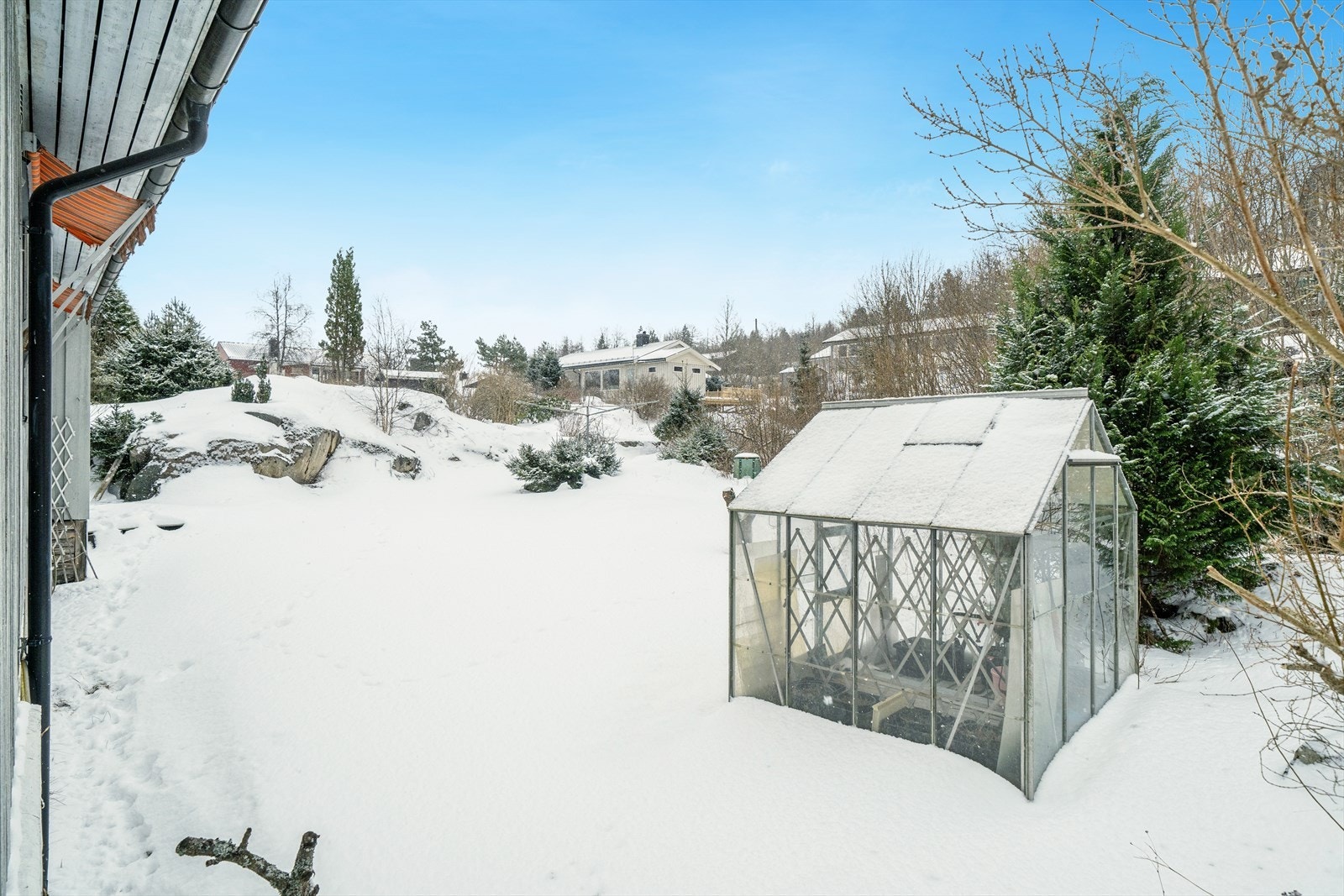 Flotte utearealer med romslig hage og drivhus for dyrking. Flott naturtomt med noe fjell. Galleribilde