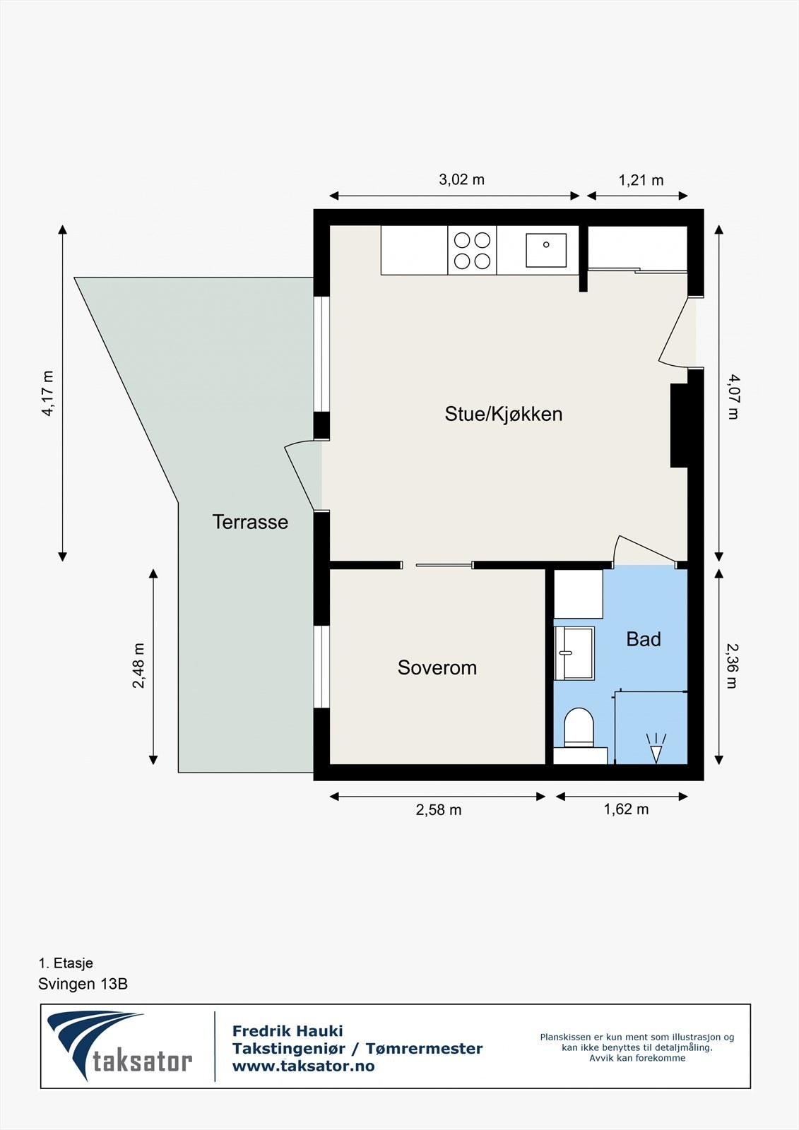 Leiligheten har en arealeffektiv planløsning som rommer entré, stue/kjøkken, soverom og bad. Galleribilde