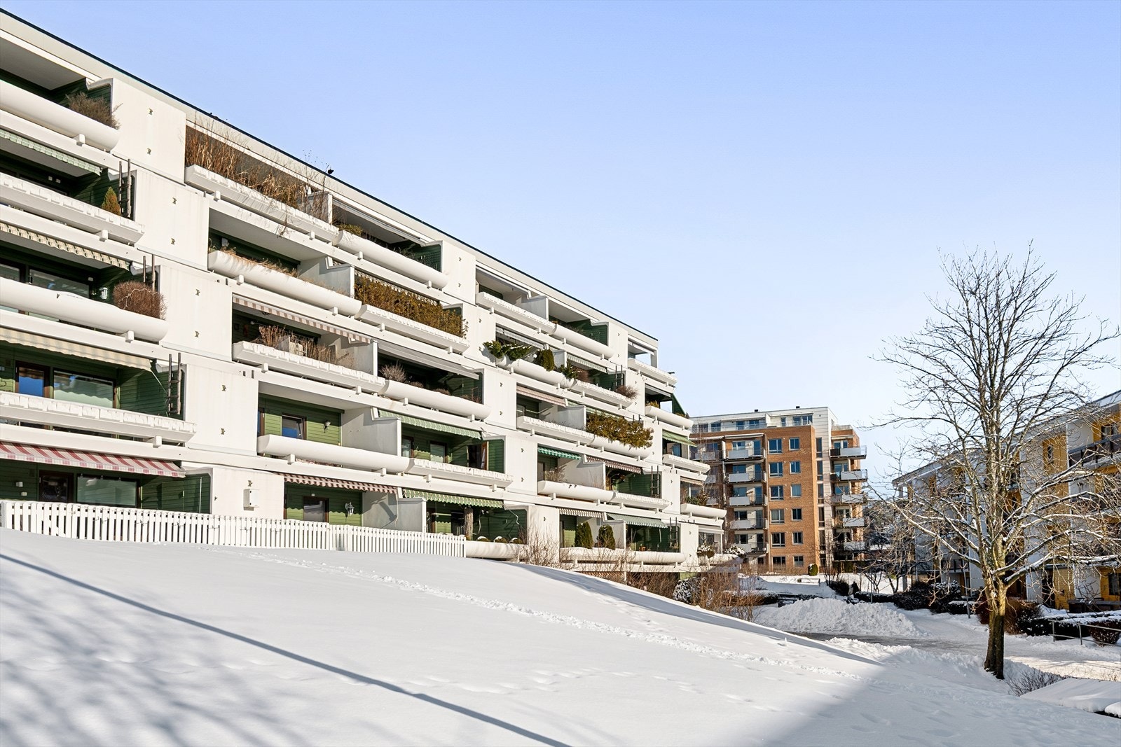 Solid og etablert bebyggelse med luftige omgivelser og terrasser vendt mot grøntområder. Galleribilde