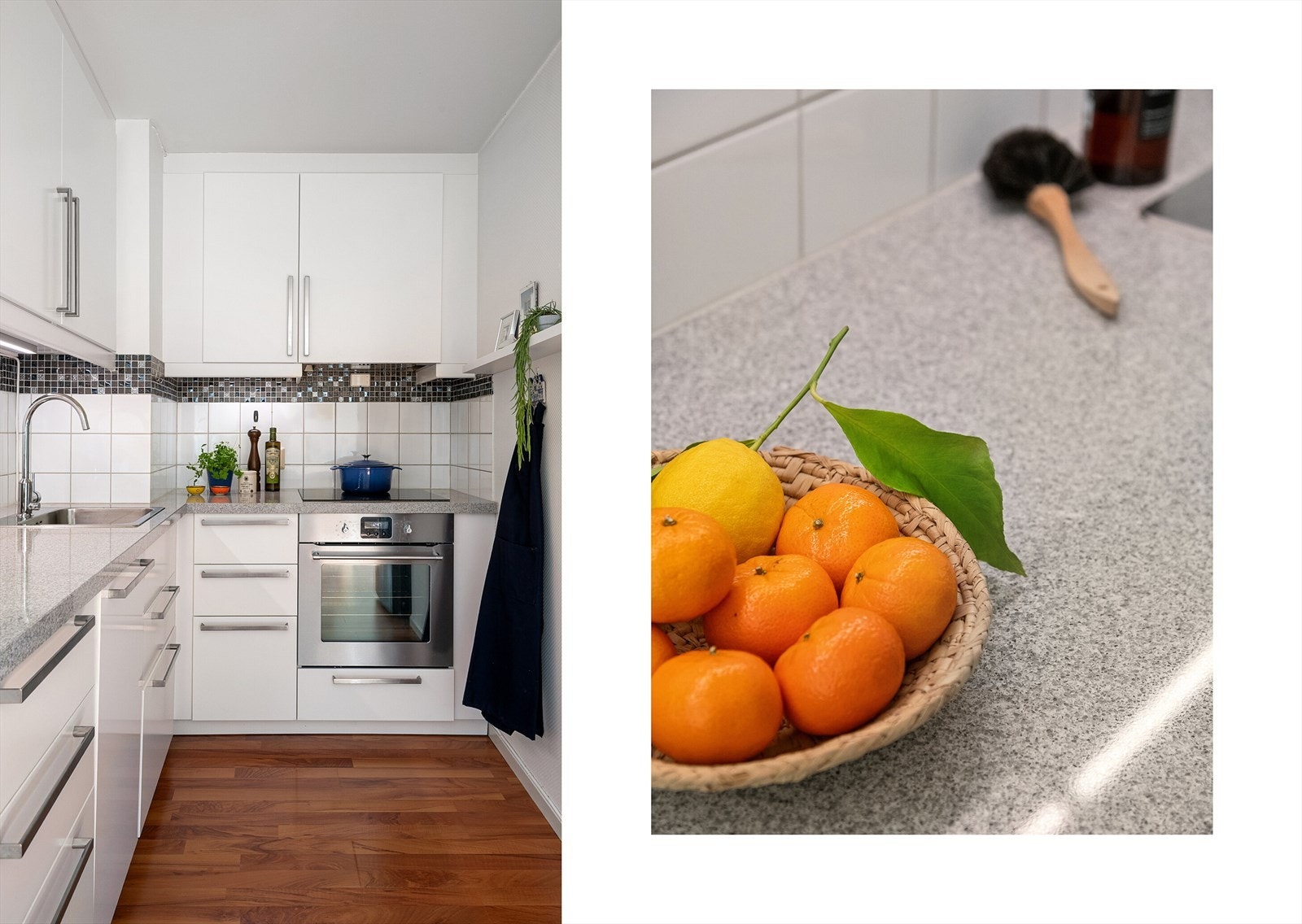 Kjøkkeninnredningen har pene overflater og god oppbevaringsplass i over og underskap. Galleribilde