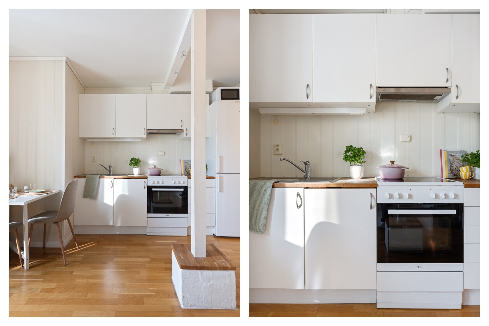 Tidløst innredet kjøkken med slette fronter og benkeplate av heltre Galleribilde