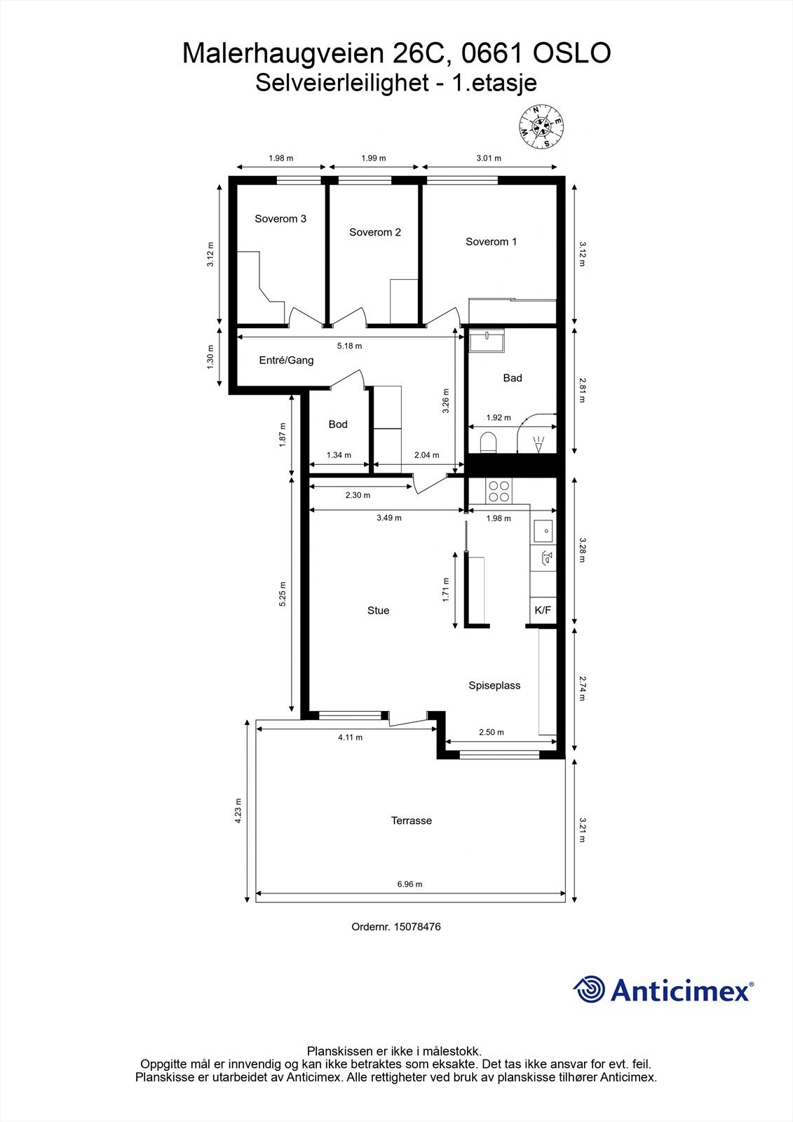 Leiligheten har en arealeffektiv planløsning som rommer entré, tre soverom, bad, bod og stue med kjøkken. Galleribilde