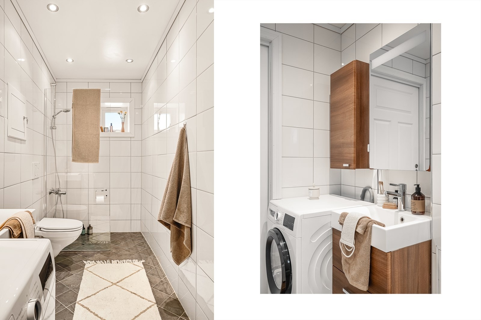 Flott, helfliset bad fra 2011, med varmekabler i gulvet. Vaskemaskin (2025) kan medfølge etter nærmere avtale. Galleribilde