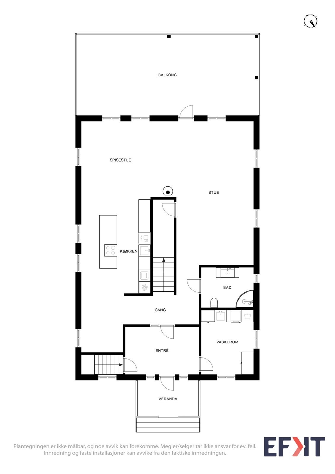 Første etasje har en sosial planløsning med åpen stue- og kjøkkenløsning, bad og vaskerom. Galleribilde
