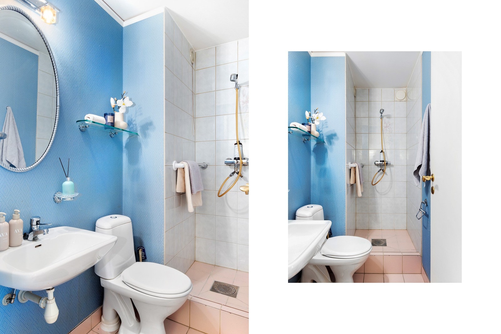 Dusjbad med gulvstående toalett med adkomst fra entre/hall. Galleribilde