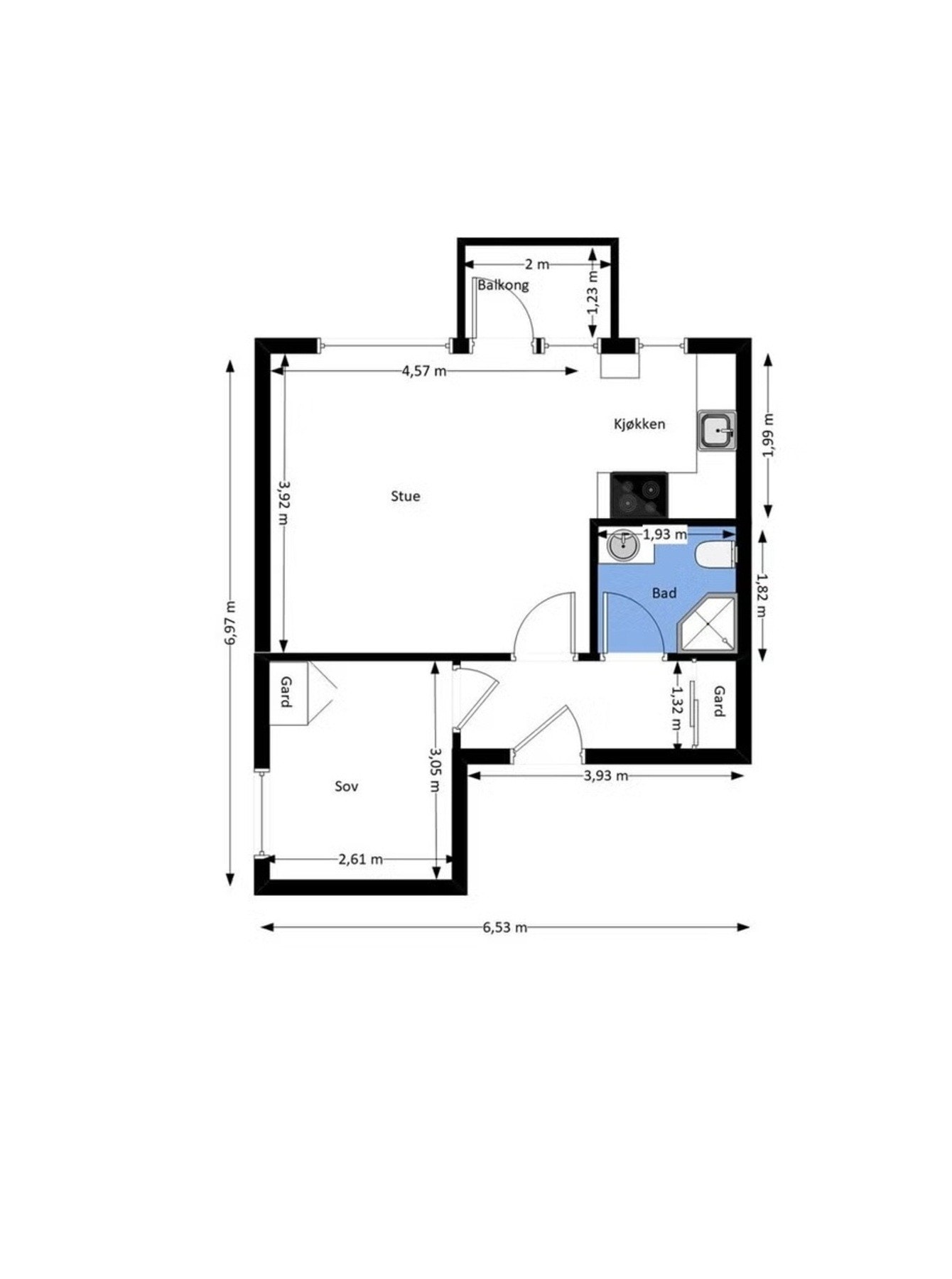 Planskisse. Leiligheten disponerer 2 kjellerboder i tillegg. Galleribilde