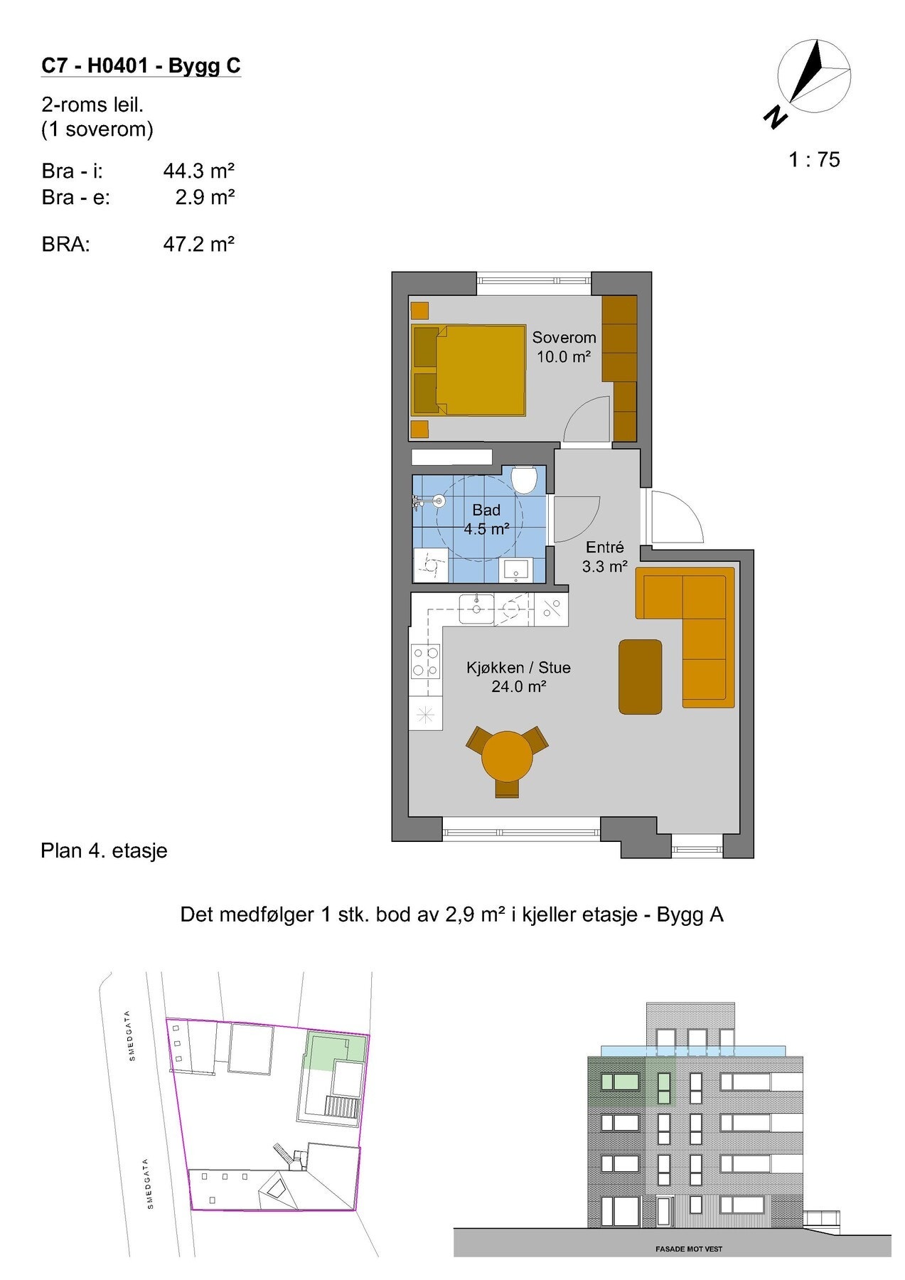 BRA-i og BRA-e er hentet fra utbyggers tegninger. Arealene er å anse som ca.-angivelser og kan avvike noe fra endelig oppmålt areal. Avvik kan forekomme uten at dette gir grunnlag for krav. Galleribilde