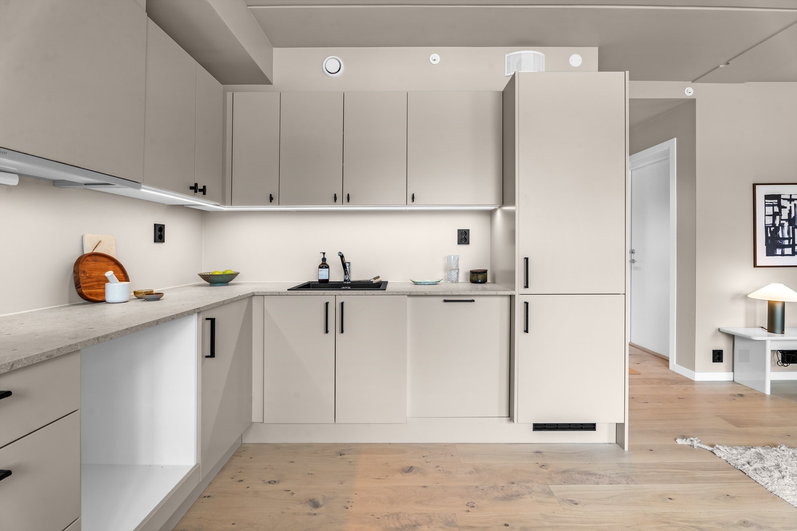 Kjøkkenet har moderne fronter og laminat benkeplate i Terazzo Dune. Galleribilde