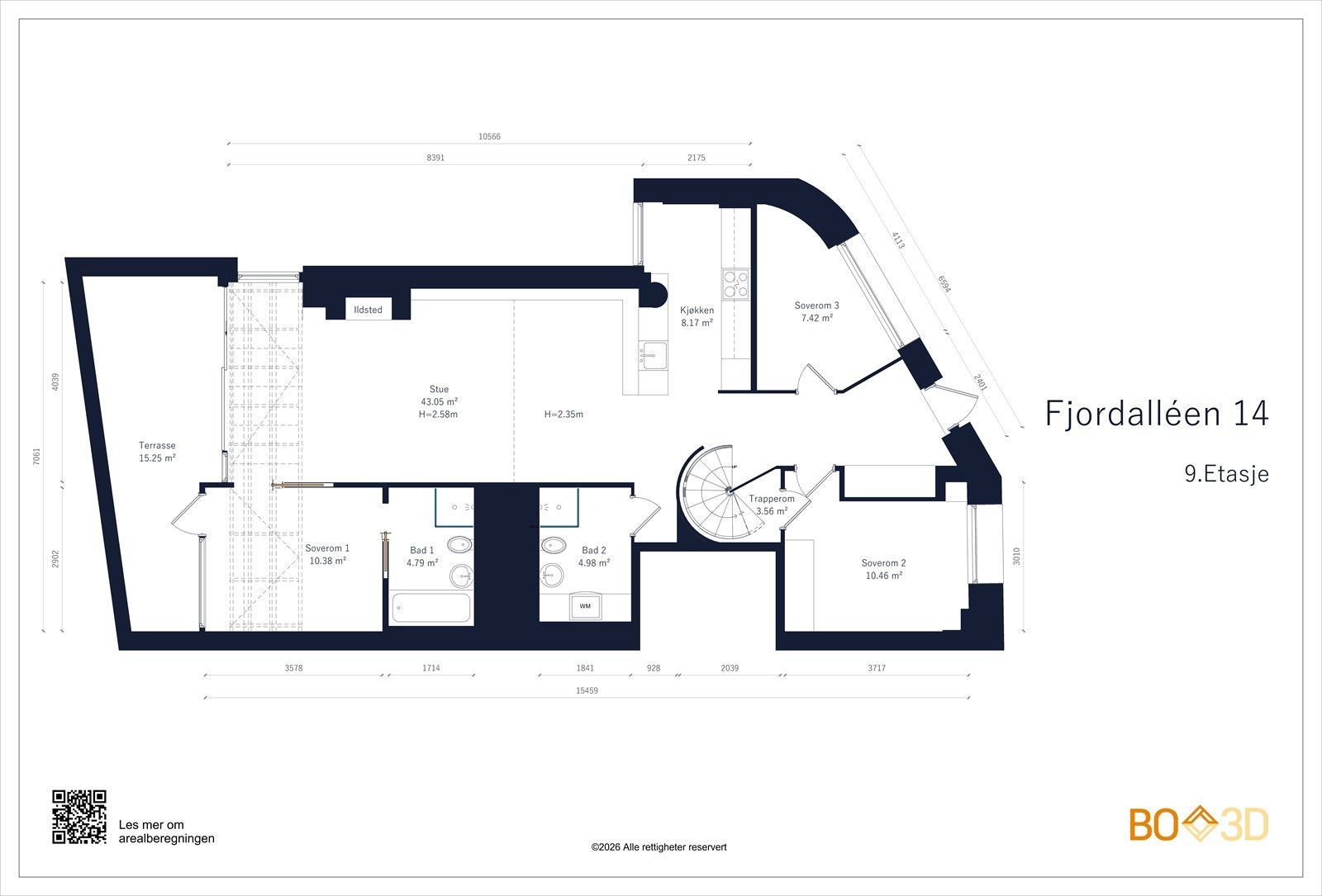 9.etg. inneholder entré, 3 soverom, kjøkken, stue, 2 bad og trapp opp til 10.etg. Galleribilde