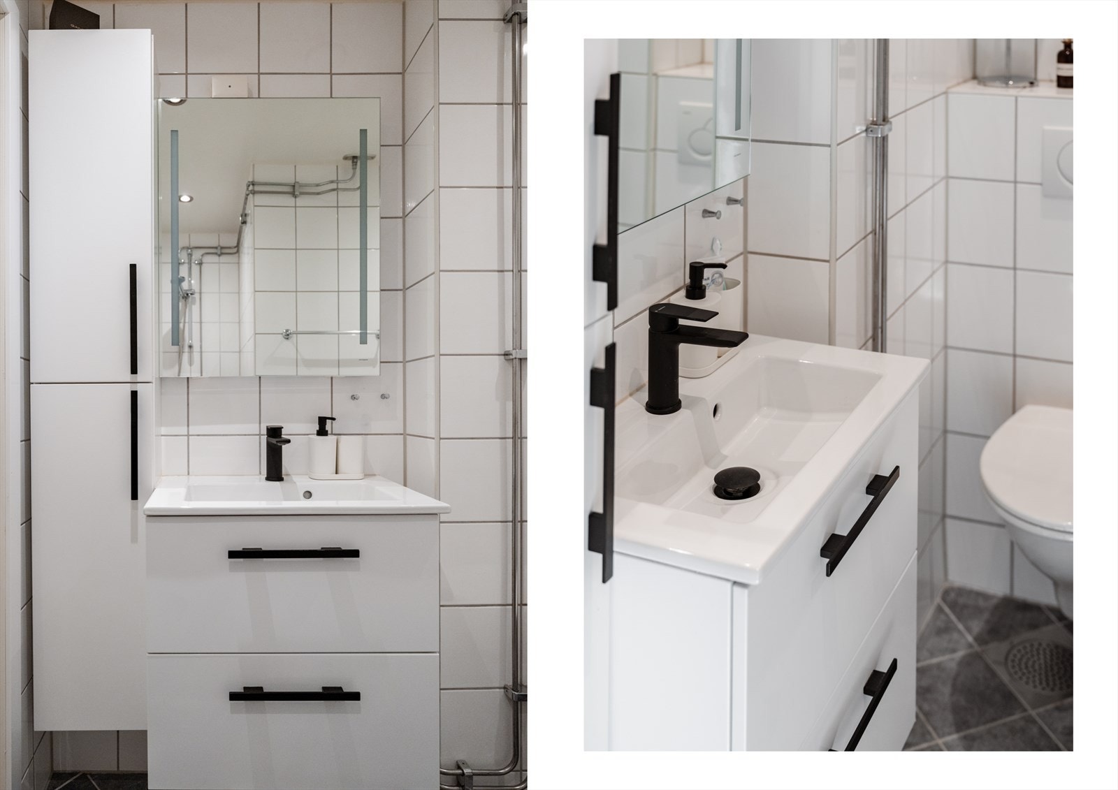 Badet ble oppgradert i 2022 med ny servant, underskap, høyskap og speil. Galleribilde