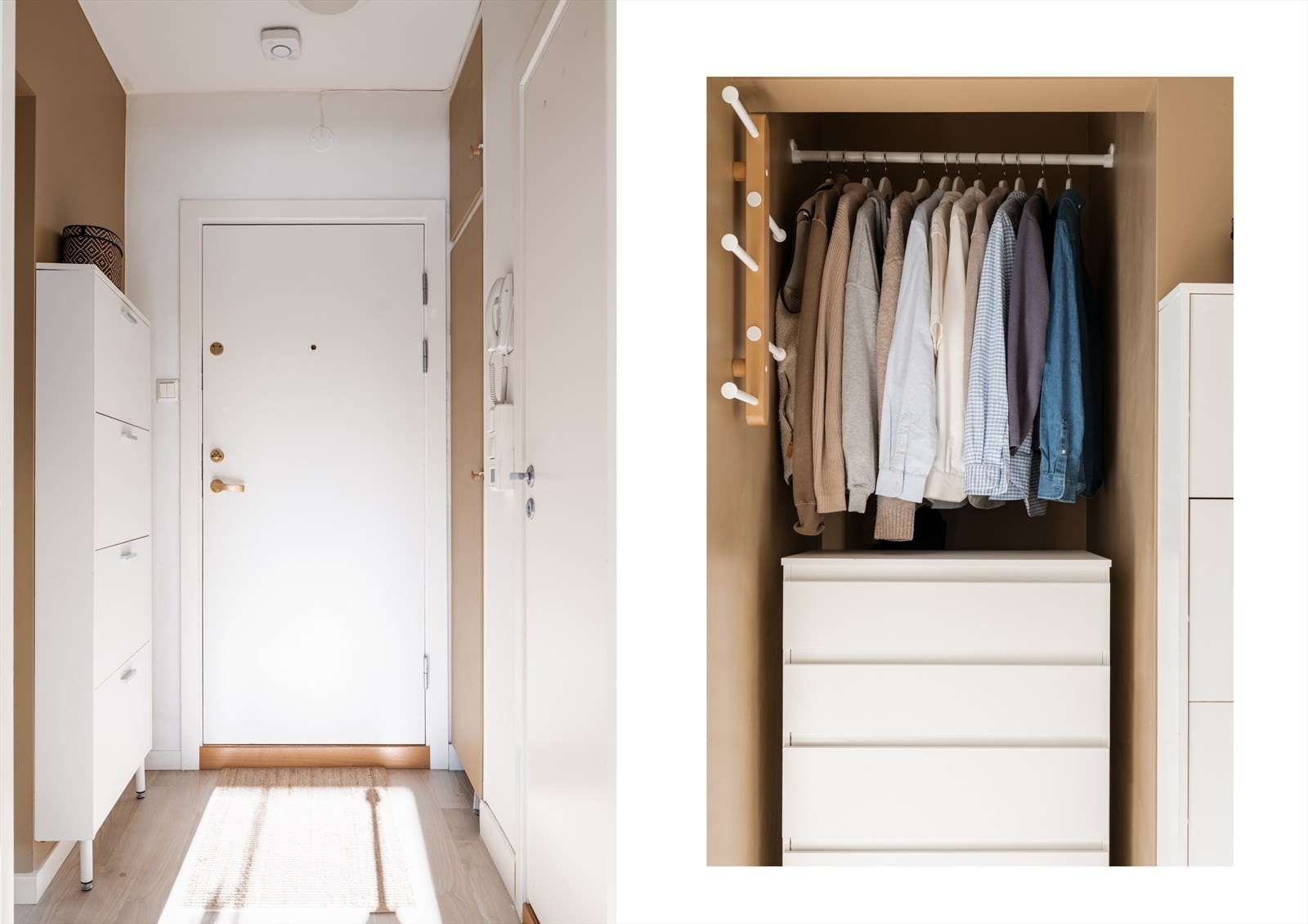 Entréen har en plassbygd garderobeløsning fra gulv til tak som gir rikelig med lagringsplass, i tillegg til en egen, smart utnyttet sone med kommode og oppheng for klær. Galleribilde