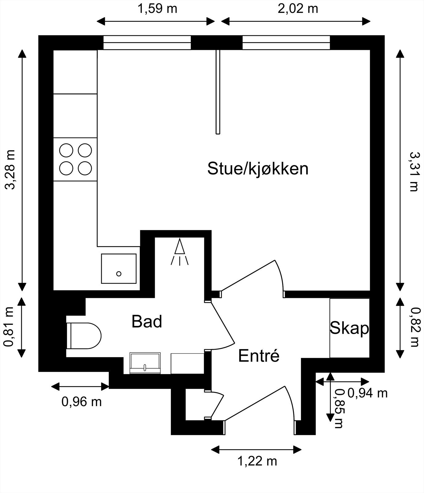 Planløsning. Leiligheten disponerer også en bod på loftet med et gulvareal på ca. 4 m² (areal med lav takhøyde) og et skap til oppbevaring i kjelleren. Galleribilde