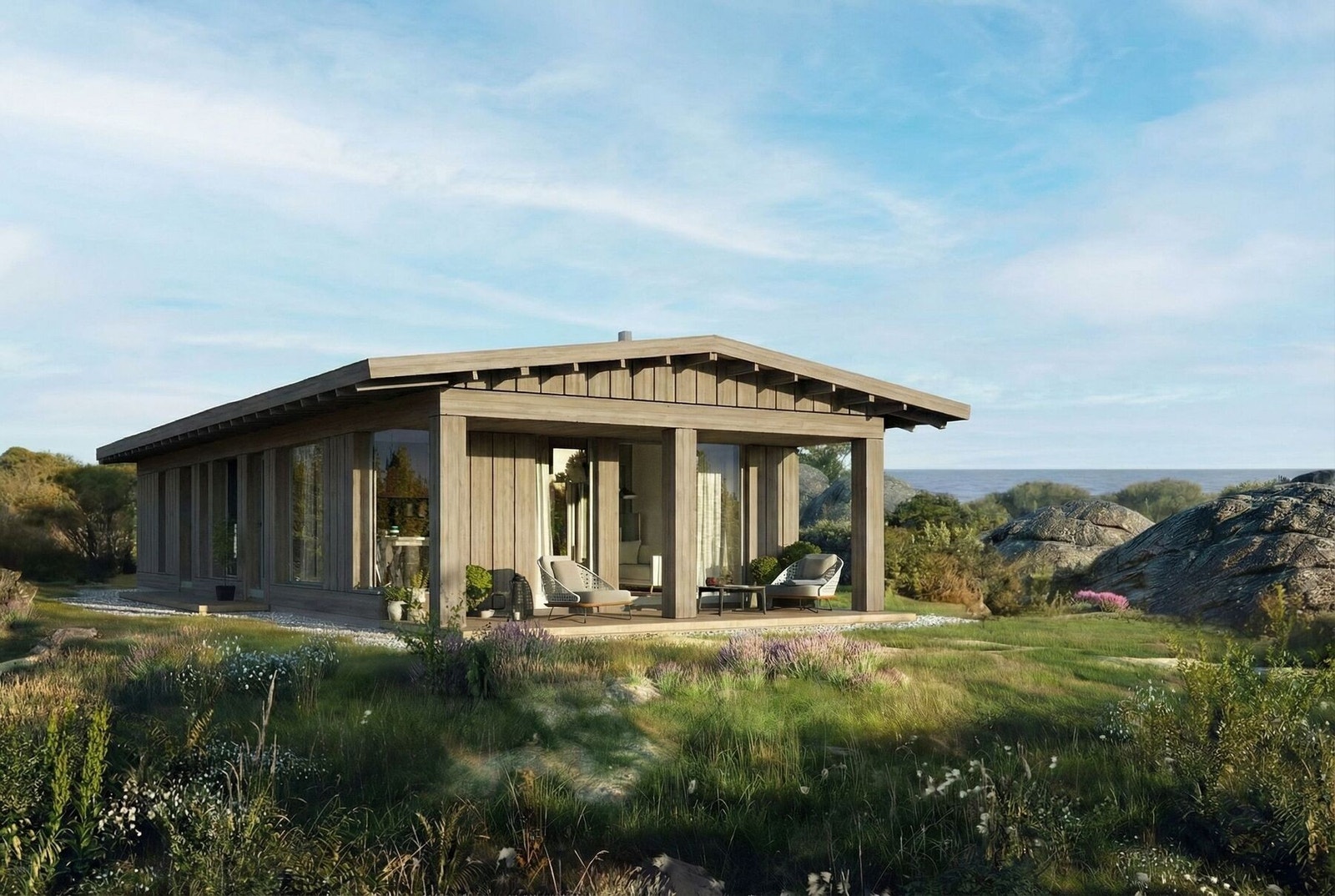 Sommer Vy3. Illustrasjonbilde av prosjektert hytte på tomten. Galleribilde