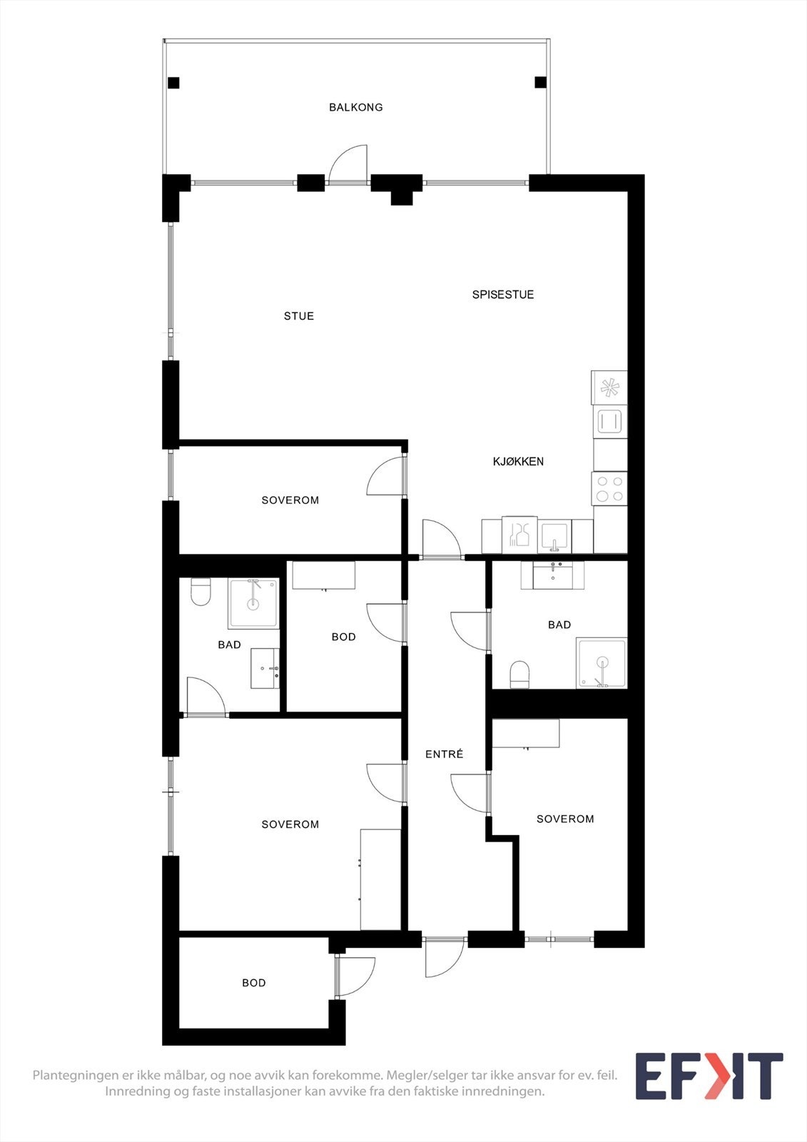 Planløsningen på 100 m² rommer entré, tre soverom, to bad og en åpen stue- og kjøkkenløsning. Galleribilde