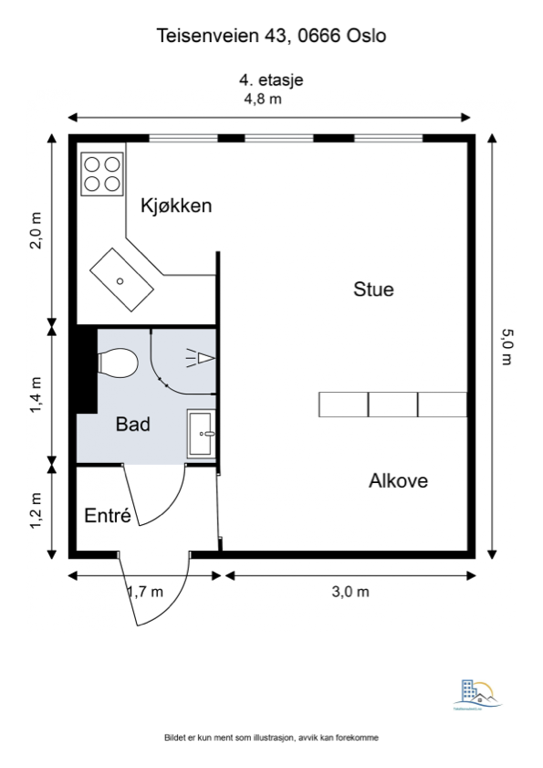 Planløsningen på 24 m² er smart utnyttet med entré, bad, kjøkken, stue og en adskilt alkove. Galleribilde