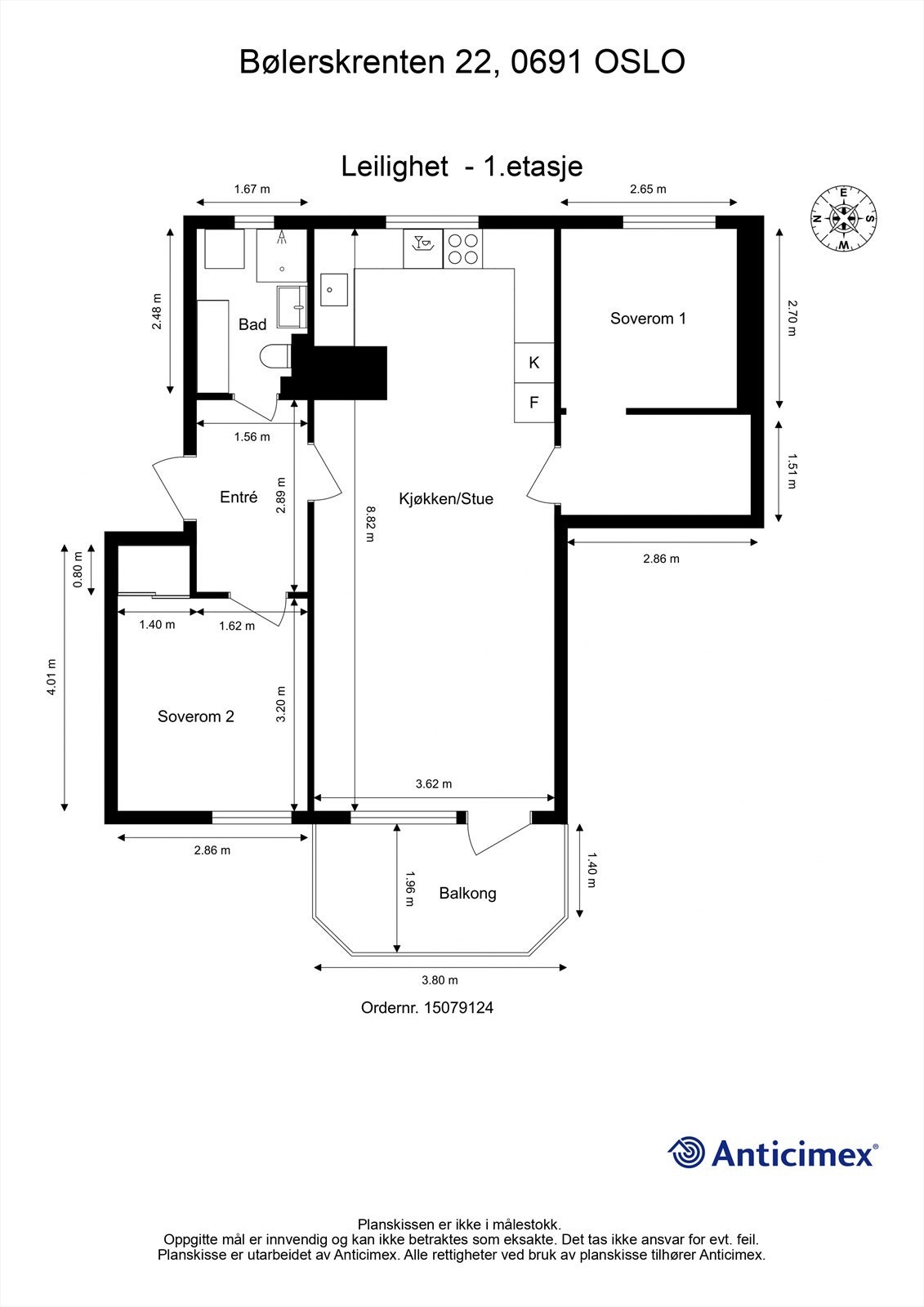Leiligheten har en arealeffektiv planløsning med to soverom og åpen stue- og kjøkkenløsning. Galleribilde