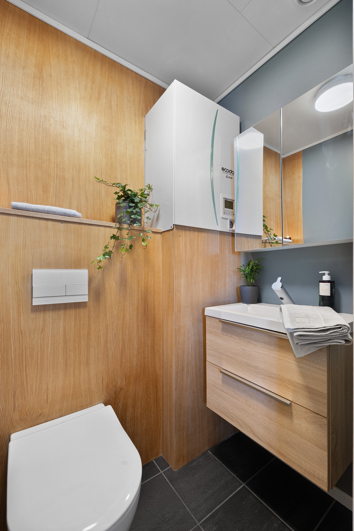 Toalettrommet er utstyrt med veggmontert toalett, servantskap og 1-greps blandebatteri. Galleribilde