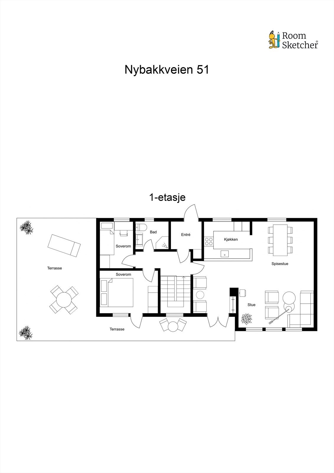 Plantegningen for hovedetasjen viser en sosial sone med stue og kjøkken, to soverom og bad. Galleribilde