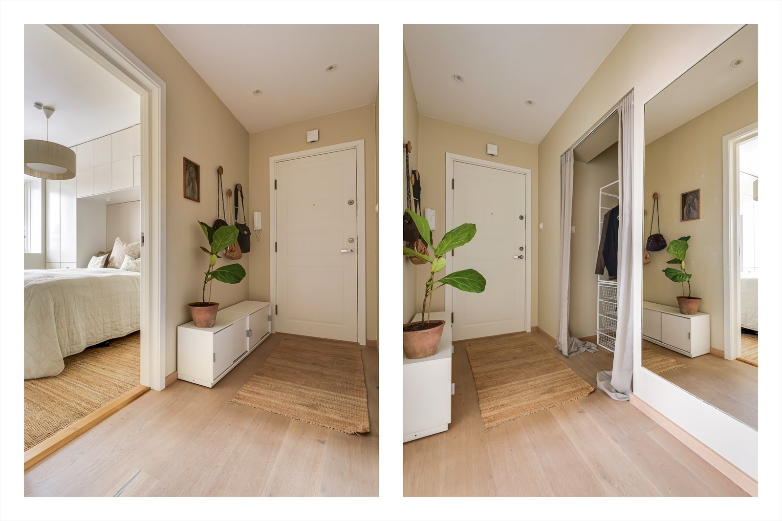 Romslig gang/entré med god plass til klesavheng i nisje - Det er lagt spotlights i himling for god belysning Galleribilde