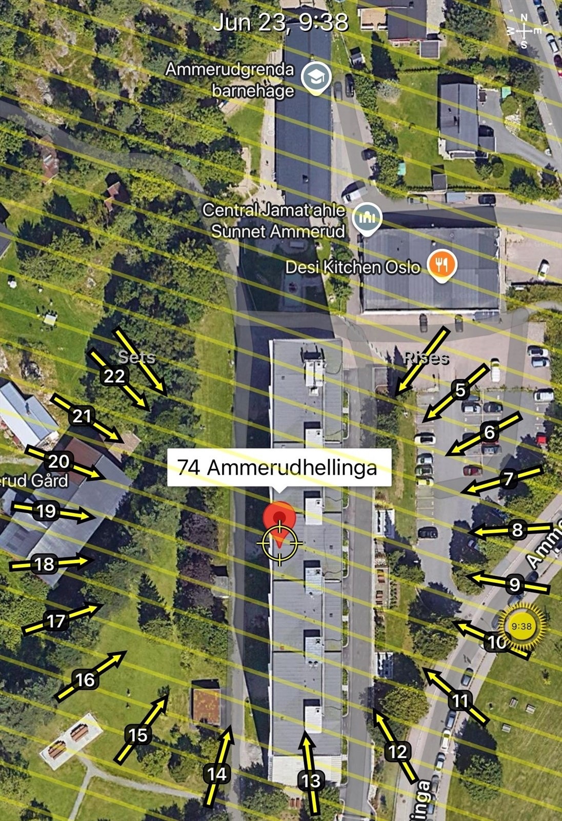 Solkart er kun ment som en illustrasjon over solforholdene midtsommers (23.6). Teknologien som brukes kan slå feil pga. kalibrering e.l. Solforhold må derfor også kontrolleres selv ved hjelp av kompass, kart eller egen app hvis dette er av betydning Galleribilde