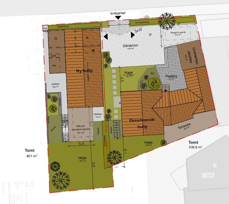 Eiendommen er i dag fradelt og det er bolig under oppføring i retning vest. Rektor Sælandsveg 3 til høyre i skisse. Galleribilde