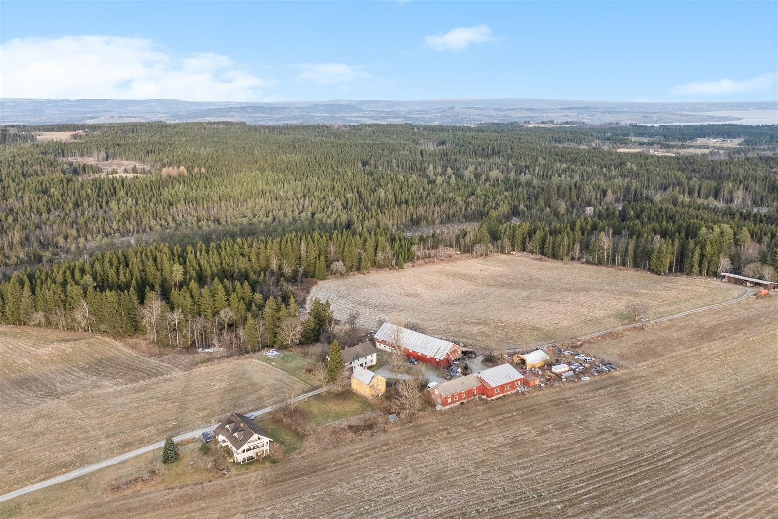 Gårdstunet, og med mye av skogen som hører til eiendommen i bakgrunnen Galleribilde