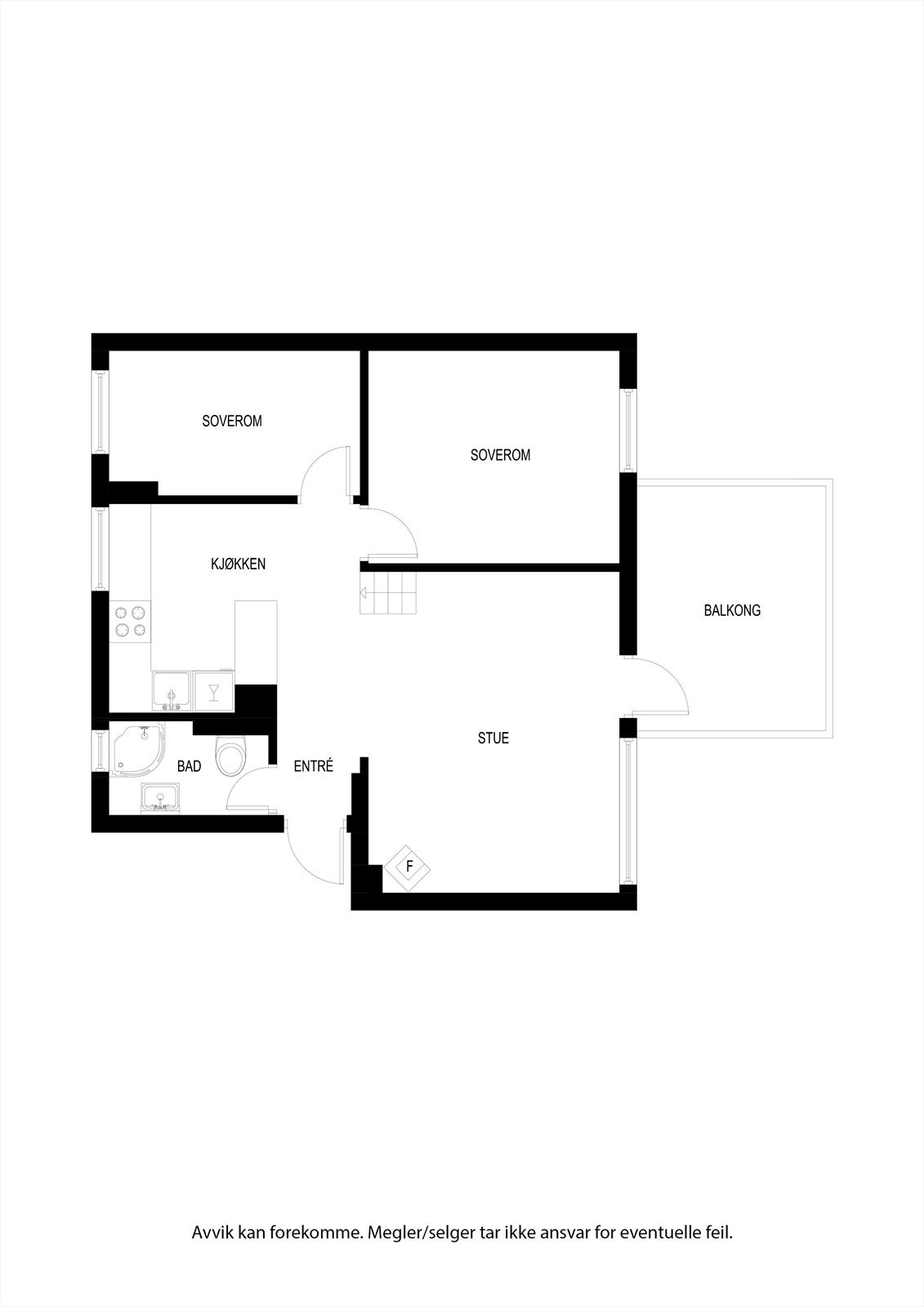 2 et.: Entré, bad, soverom, kjøkken og stue m/utgang til en solrik balkong
U. et.: Felles vaskerom, bod med gode lagringsmuligheter Galleribilde