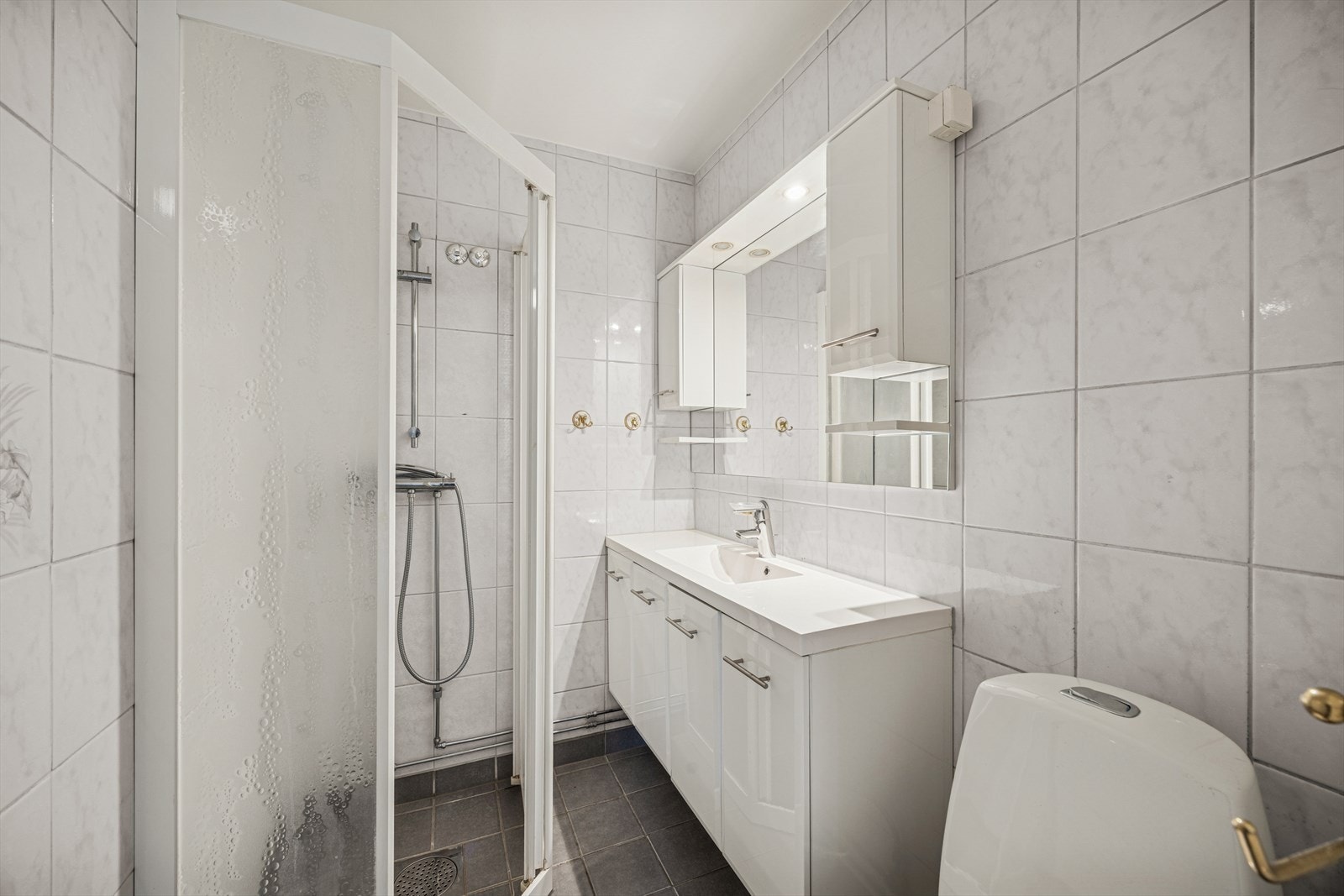 Innredningen består av servant med underskap, speilskap med belysning og et dusjkabinett. Galleribilde