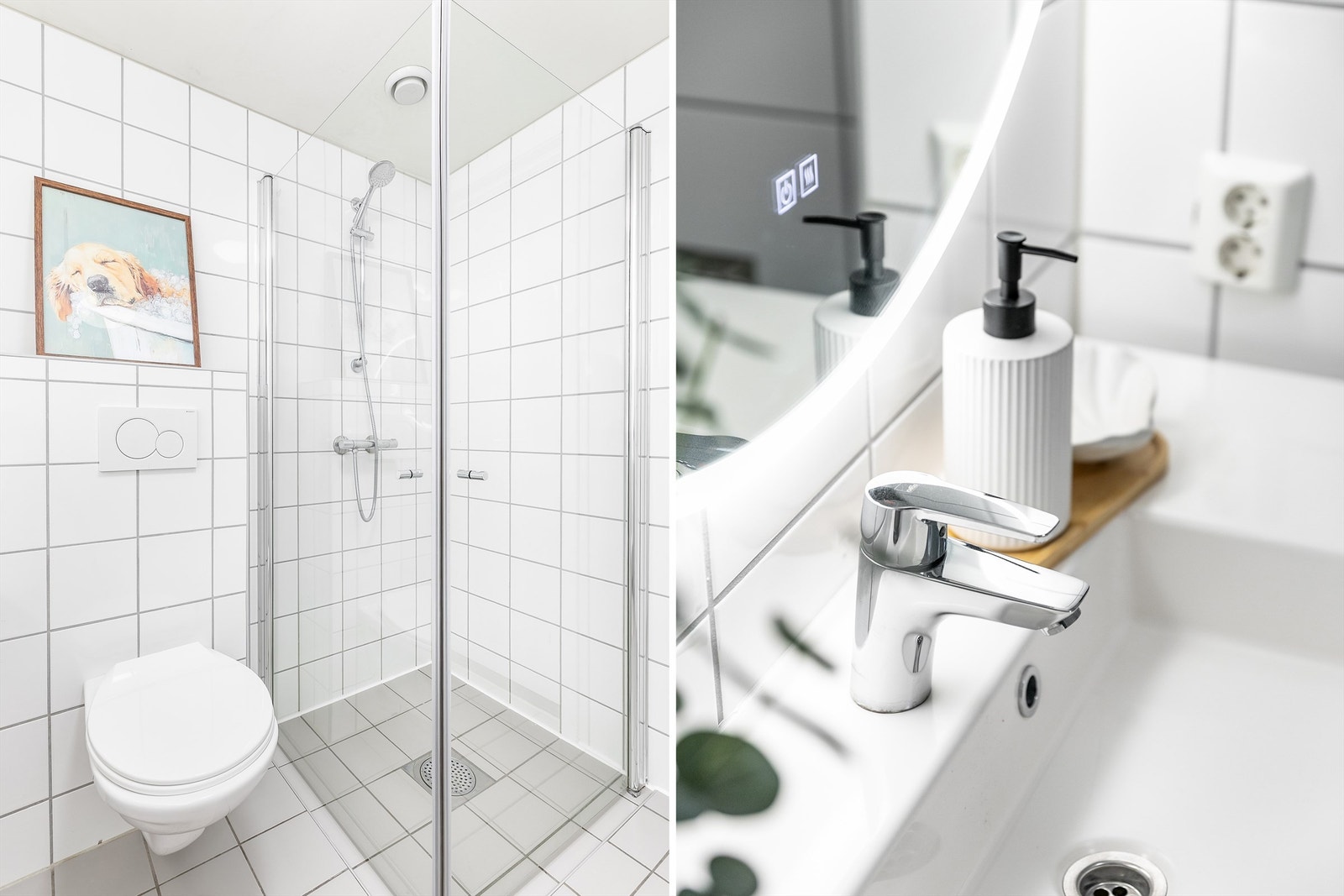 Gulv og vegger er på badet utført med fliser. I gulvet er det vannbåren varme. Galleribilde