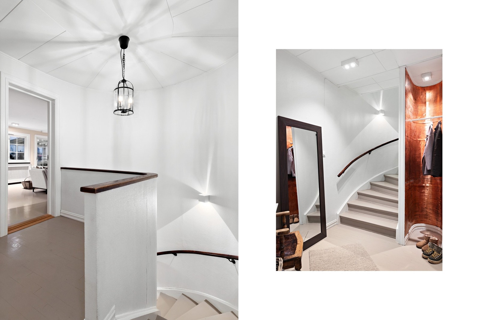 Detaljbilde av entre med trappeløp. Tidligere plass til rundovn er bygd om til garderobe. Galleribilde